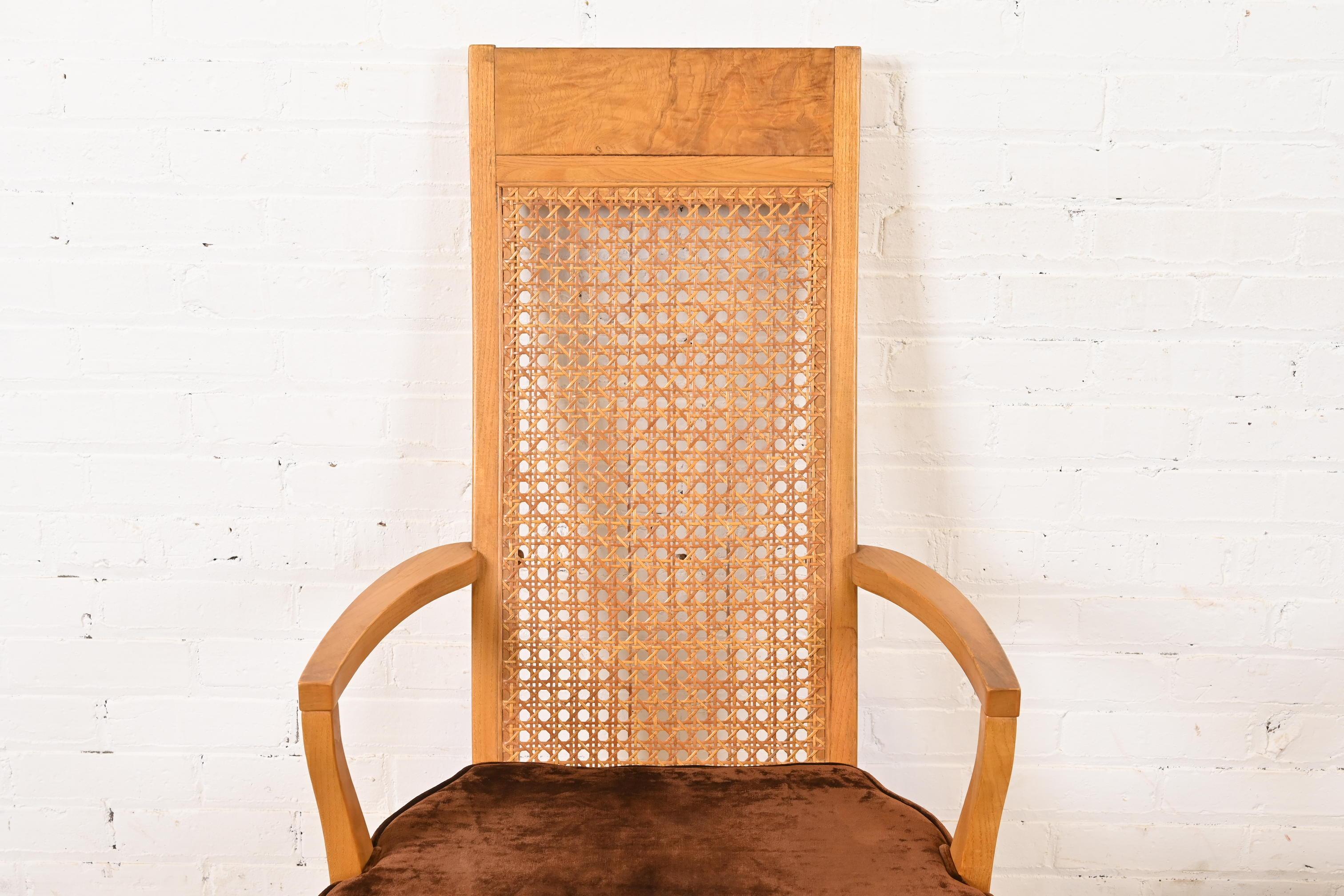 Milo Baughman Style Mid-Century Modern Burl Wood & Cane High Back Dining Chairs For Sale 3