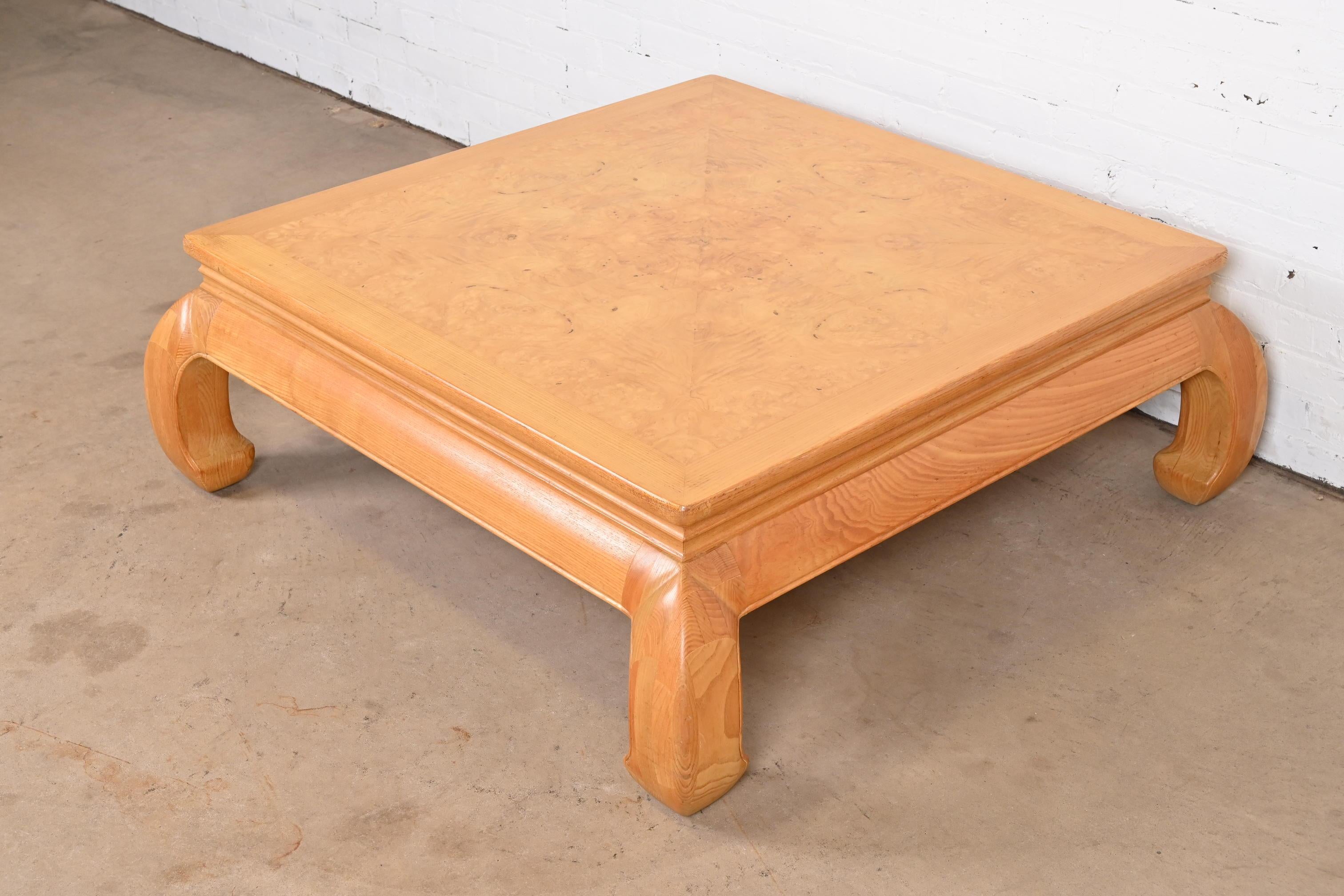 American Milo Baughman Style Mid-Century Modern Burl Wood Coffee Table by Henredon For Sale