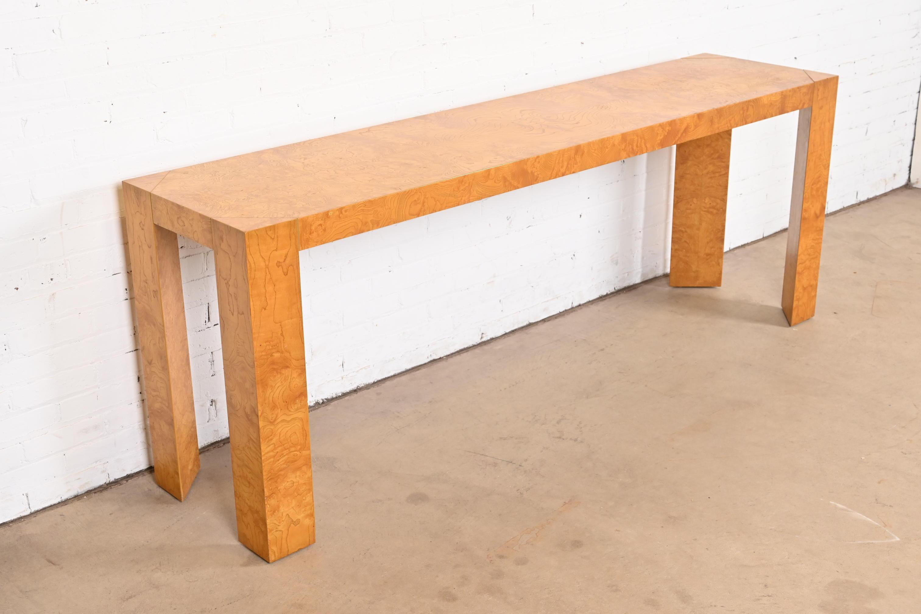 Late 20th Century Milo Baughman Style Mid-Century Modern Burl Wood Console Table, Circa 1970s For Sale