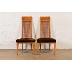 Milo Baughman Style Mid-Century Modern Burl Wood Dining Chairs by Lane, Pair