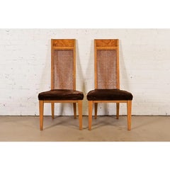 Milo Baughman Style Mid-Century Modern Burl Wood Dining Chairs by Lane, Pair