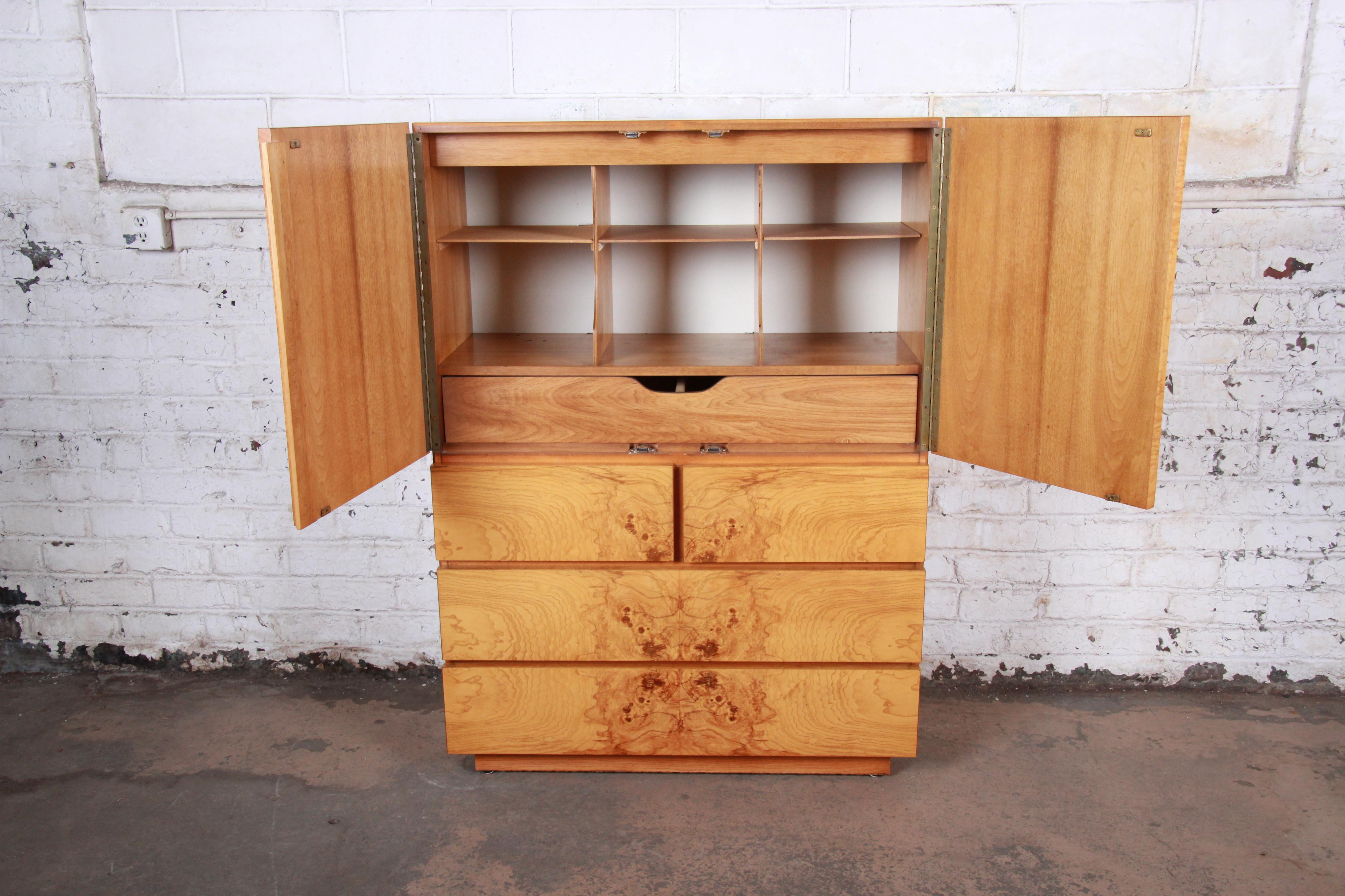 Oak Milo Baughman Style Mid-Century Modern Burl Wood Gentleman's Chest by Lane