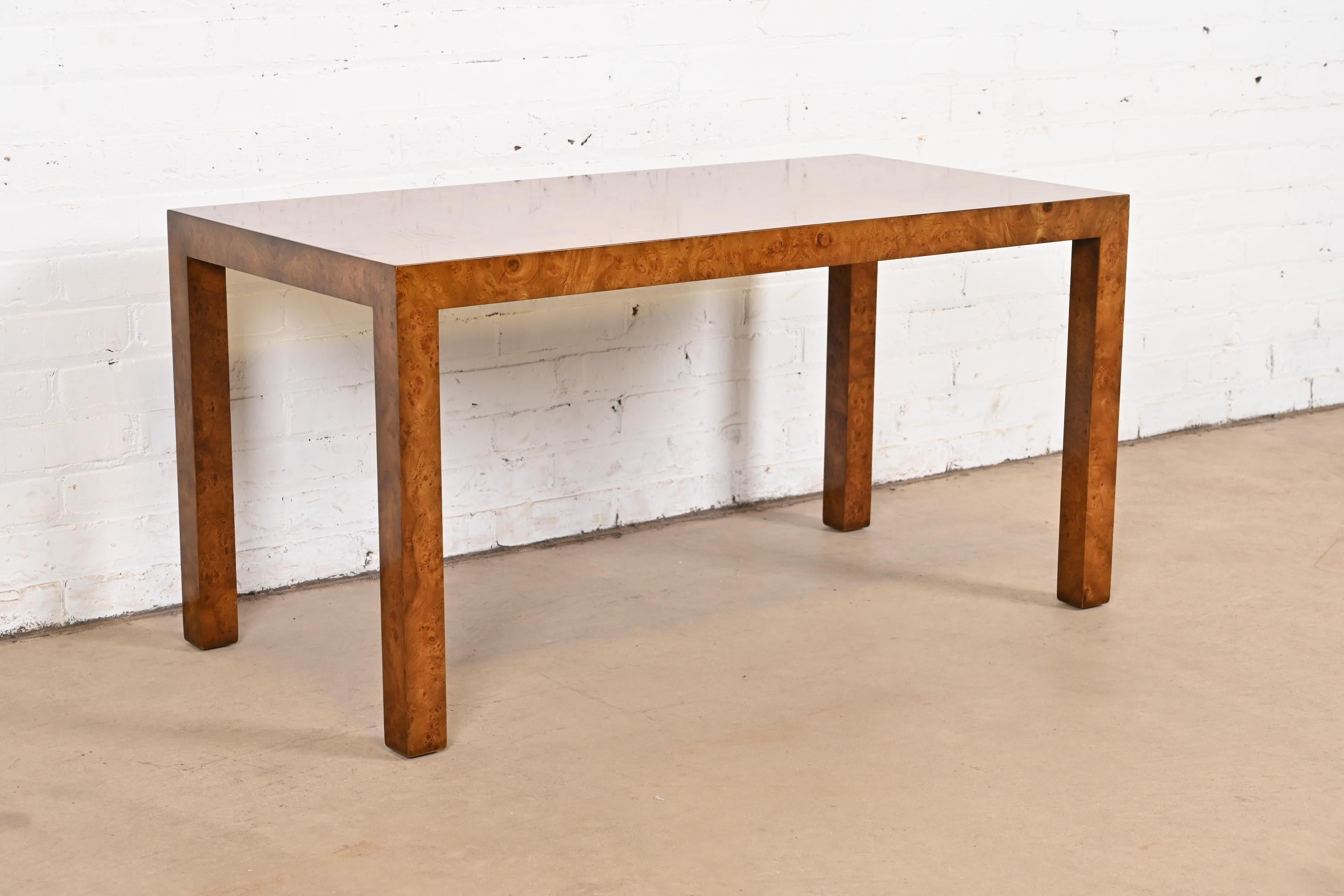 American Milo Baughman Style Mid-Century Modern Burl Wood Parsons Console Table