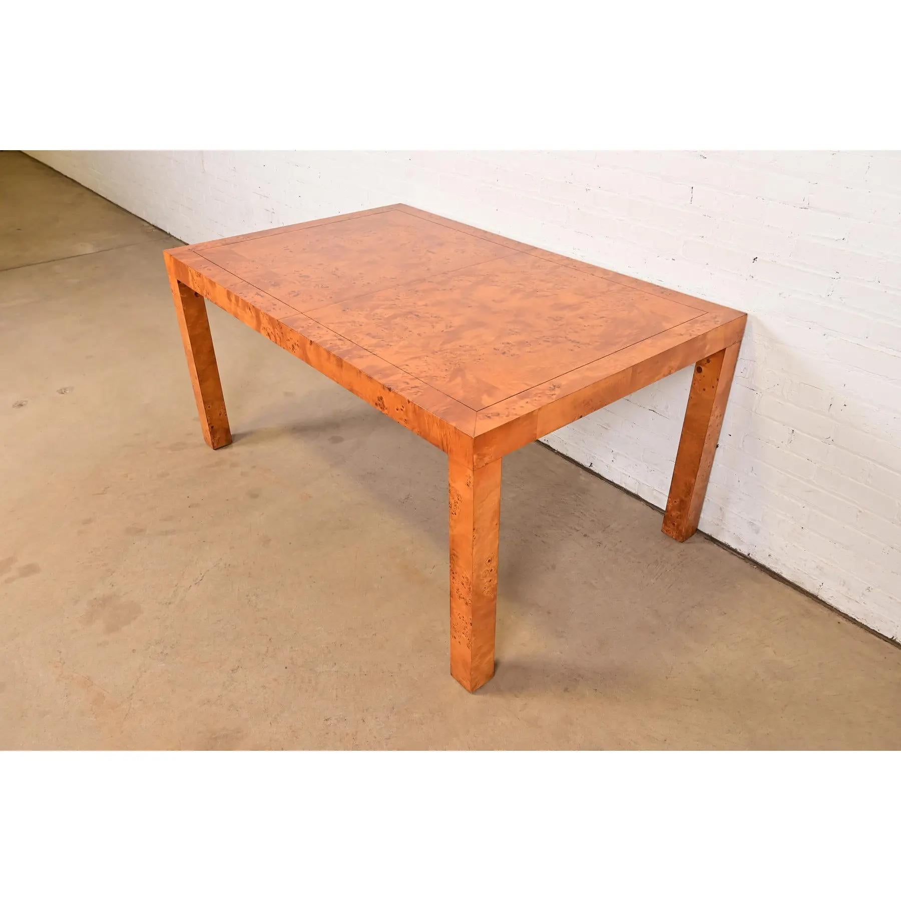 Milo Baughman Style Mid-Century Modern Burl Wood Parsons Extension Dining Table For Sale 5