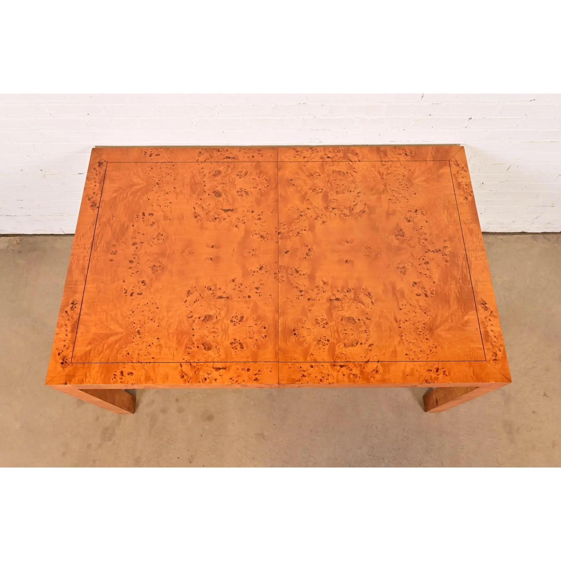 Milo Baughman Style Mid-Century Modern Burl Wood Parsons Extension Dining Table For Sale 6