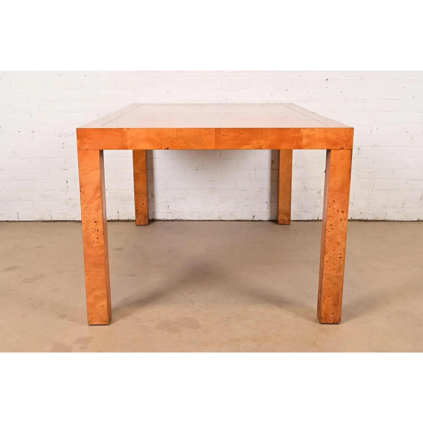 Milo Baughman Style Mid-Century Modern Burl Wood Parsons Extension Dining Table For Sale 9