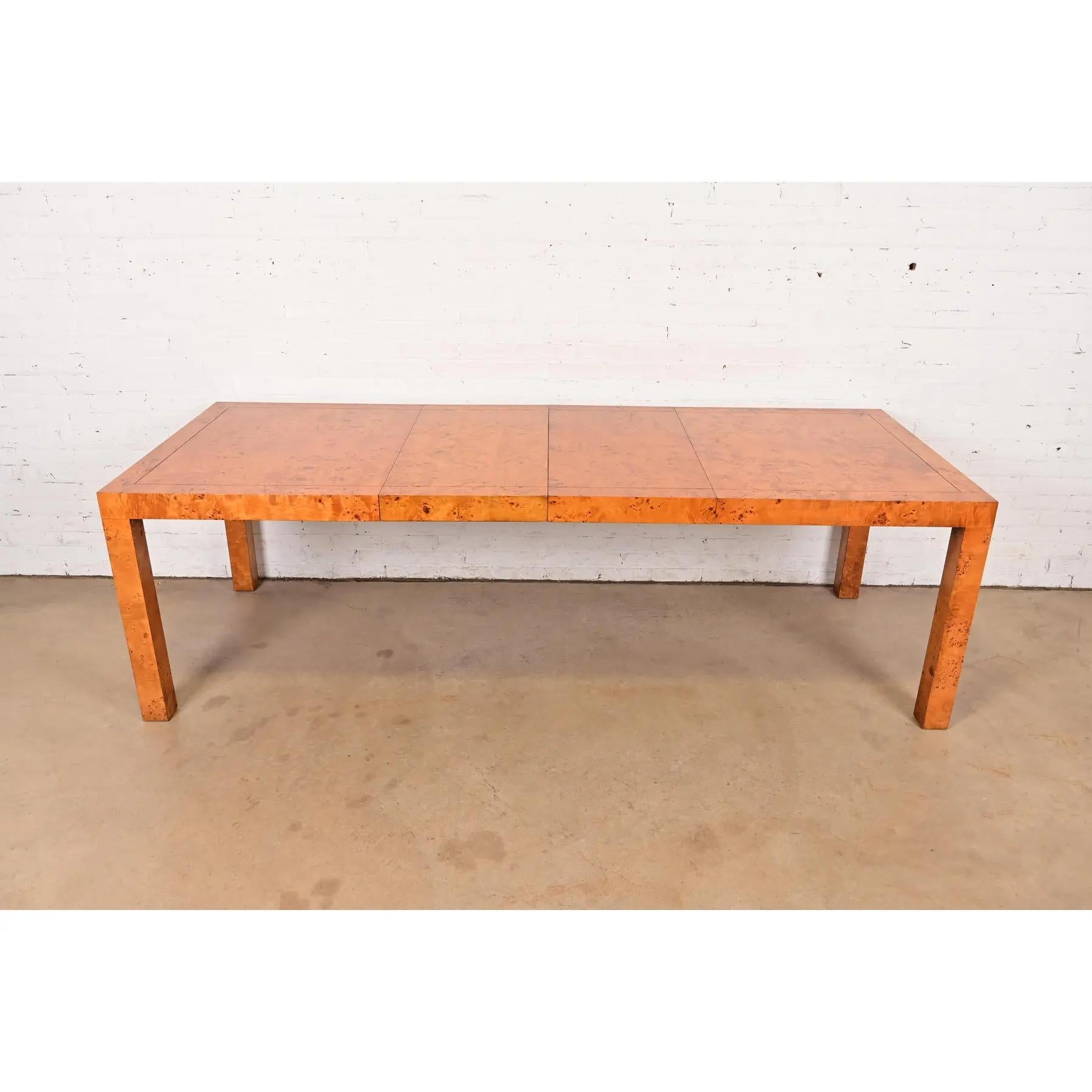 American Milo Baughman Style Mid-Century Modern Burl Wood Parsons Extension Dining Table For Sale