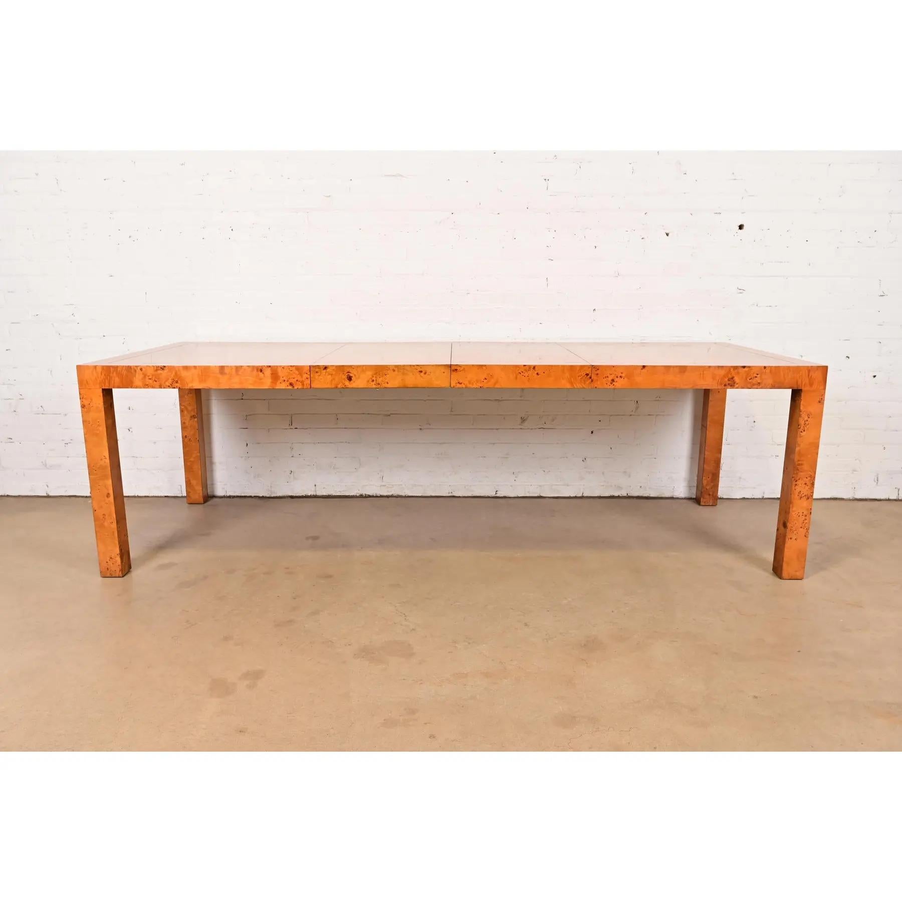 Milo Baughman Style Mid-Century Modern Burl Wood Parsons Extension Dining Table In Good Condition For Sale In South Bend, IN