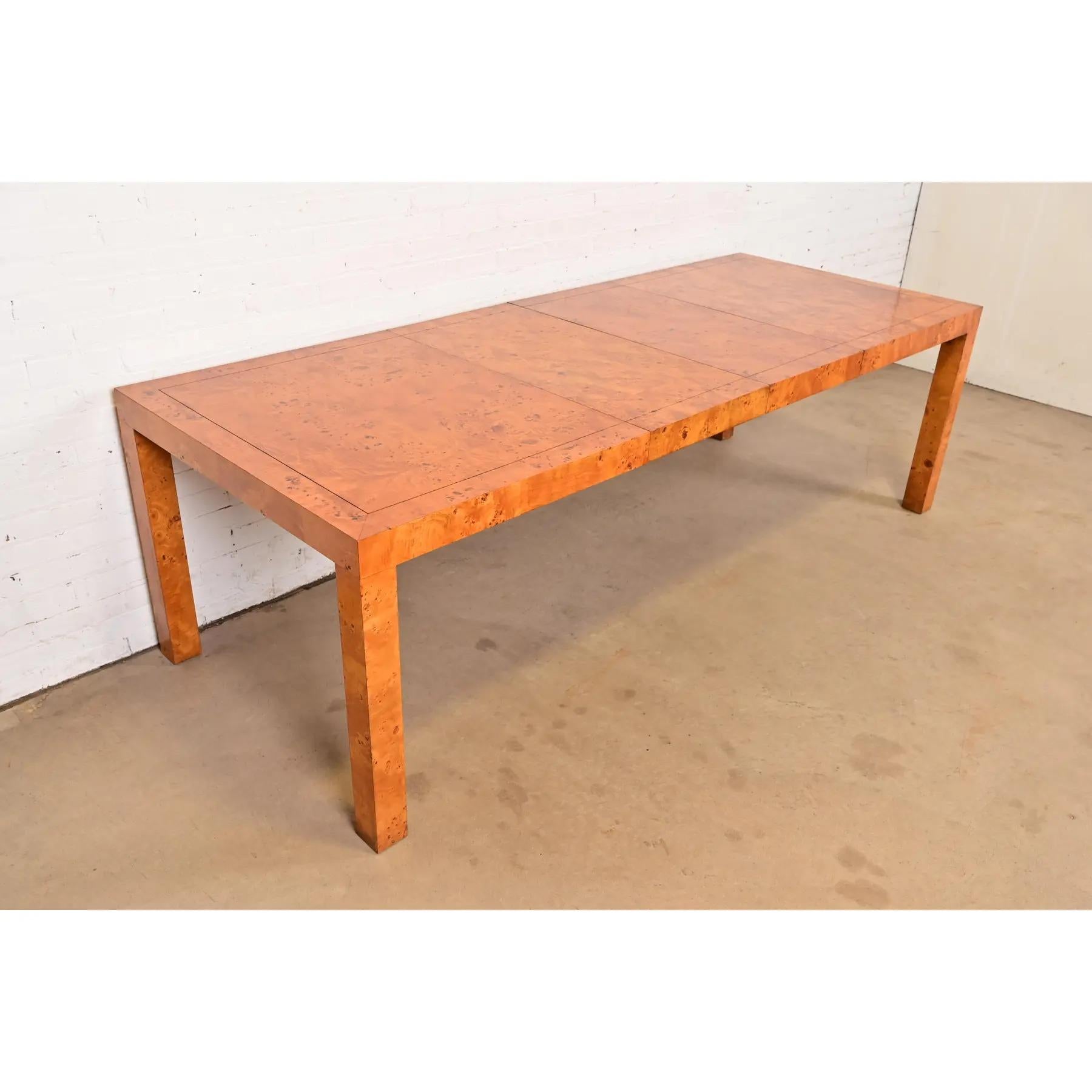 Late 20th Century Milo Baughman Style Mid-Century Modern Burl Wood Parsons Extension Dining Table For Sale