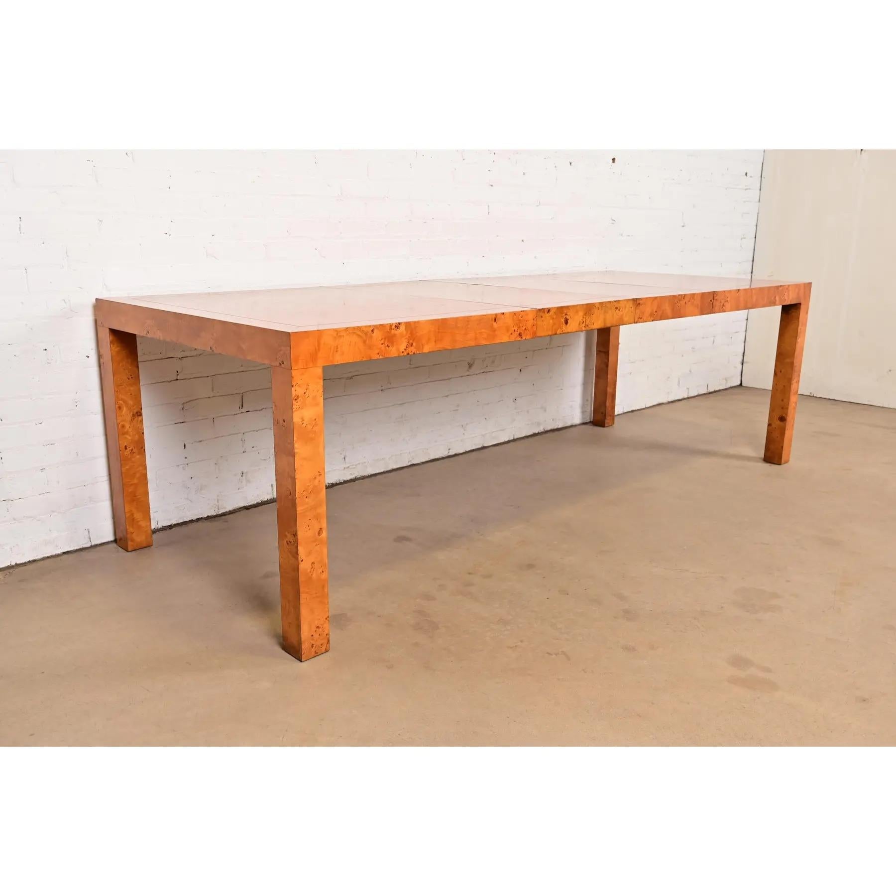 Milo Baughman Style Mid-Century Modern Burl Wood Parsons Extension Dining Table For Sale 1