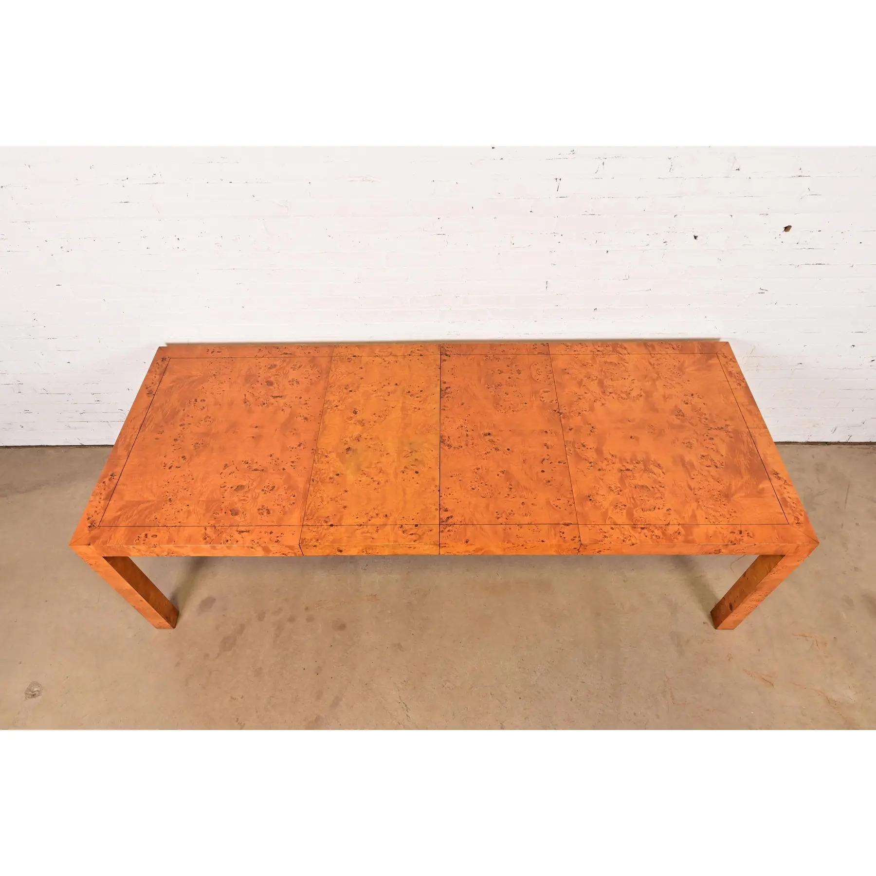 Milo Baughman Style Mid-Century Modern Burl Wood Parsons Extension Dining Table For Sale 2