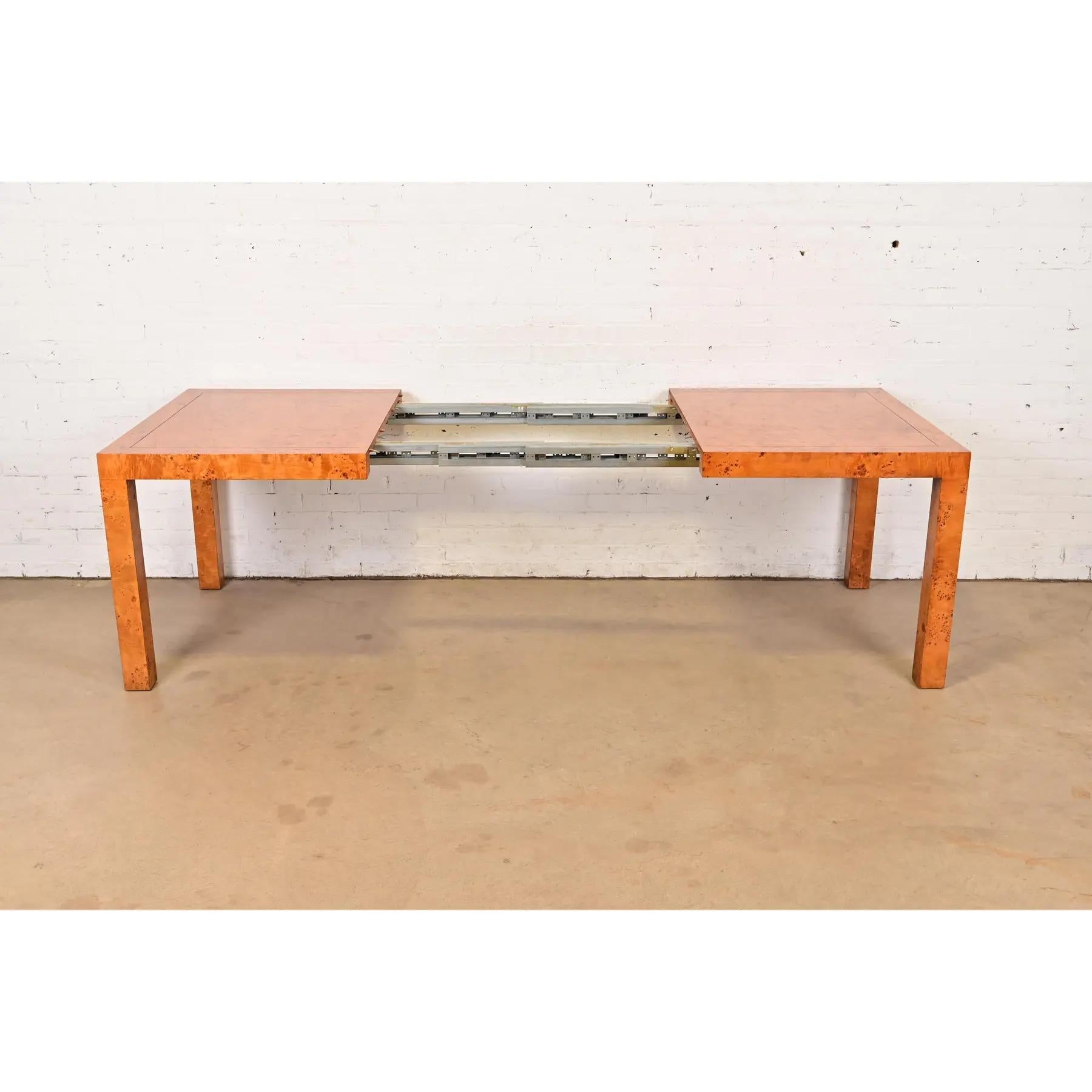 Milo Baughman Style Mid-Century Modern Burl Wood Parsons Extension Dining Table For Sale 3