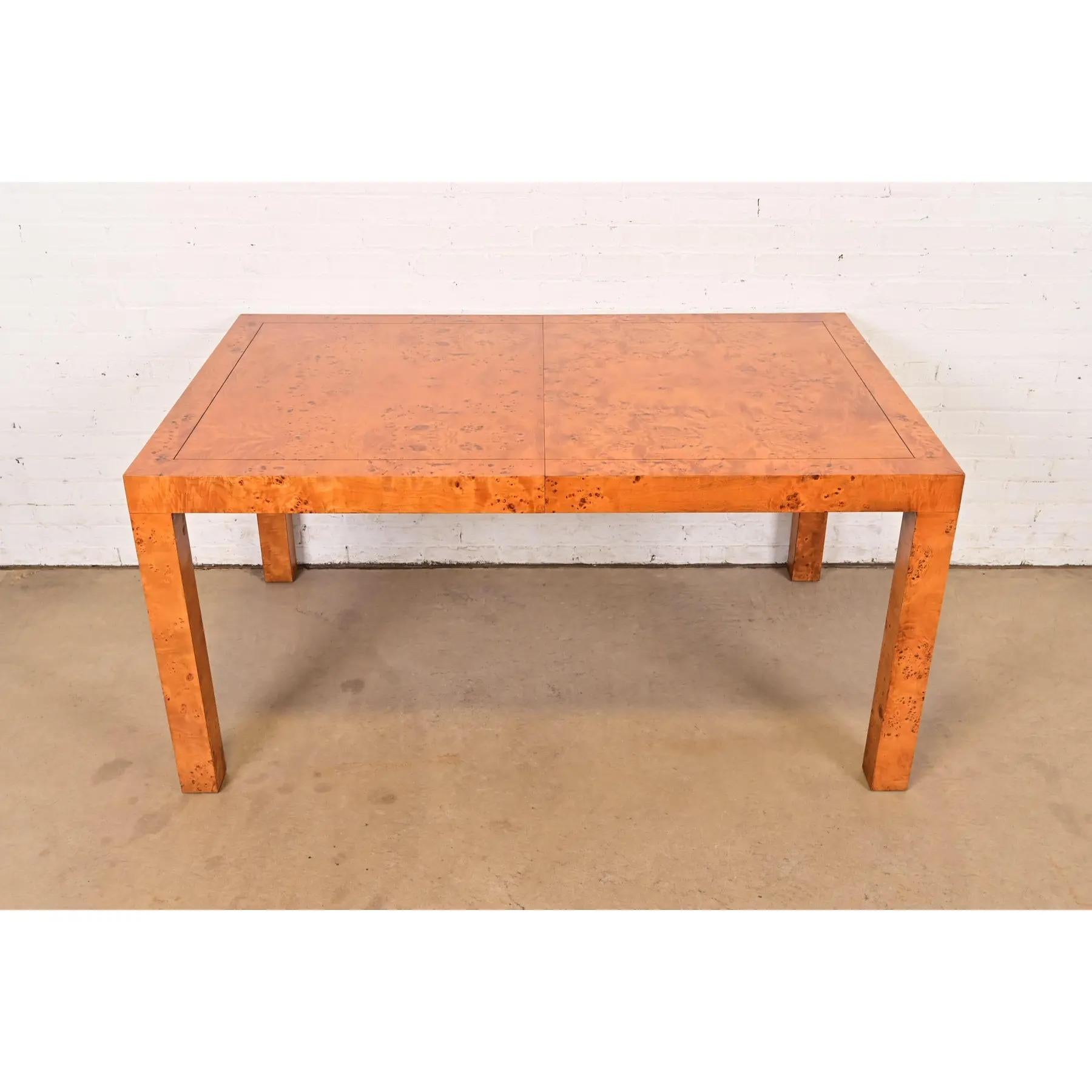 Milo Baughman Style Mid-Century Modern Burl Wood Parsons Extension Dining Table For Sale 4