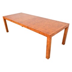 Milo Baughman Style Mid-Century Modern Burl Wood Parsons Extension Dining Table