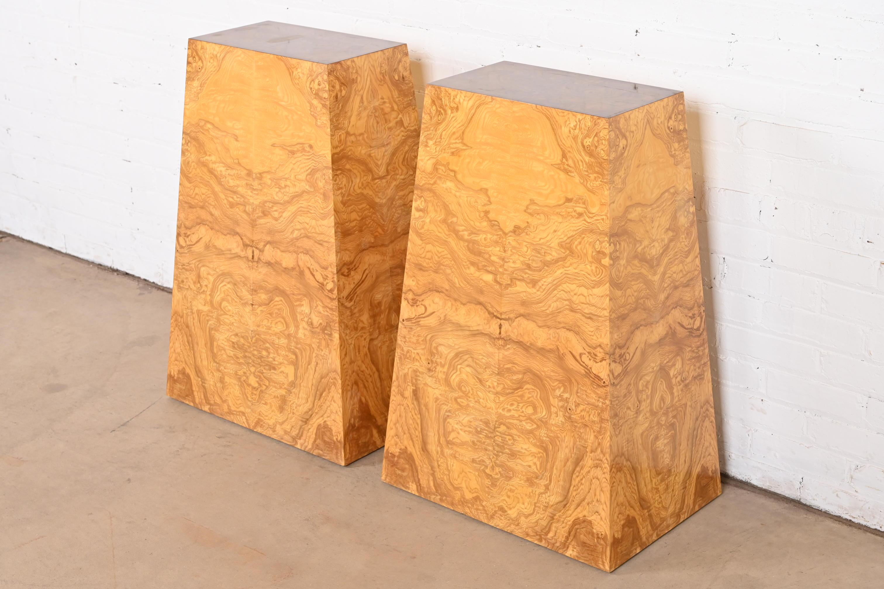 American Milo Baughman Style Mid-Century Modern Burl Wood Pedestals, Pair For Sale