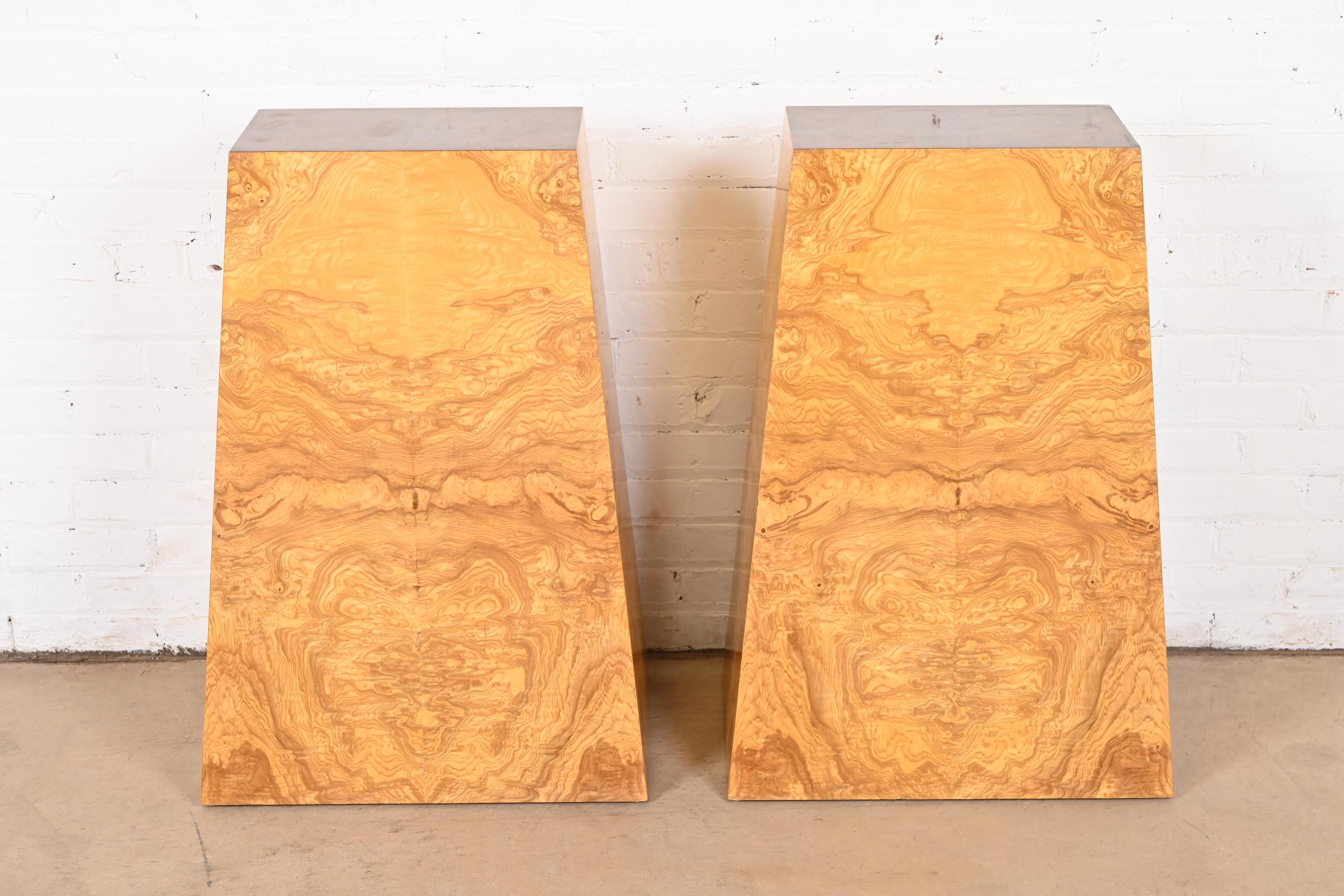 Late 20th Century Milo Baughman Style Mid-Century Modern Burl Wood Pedestals, Pair For Sale