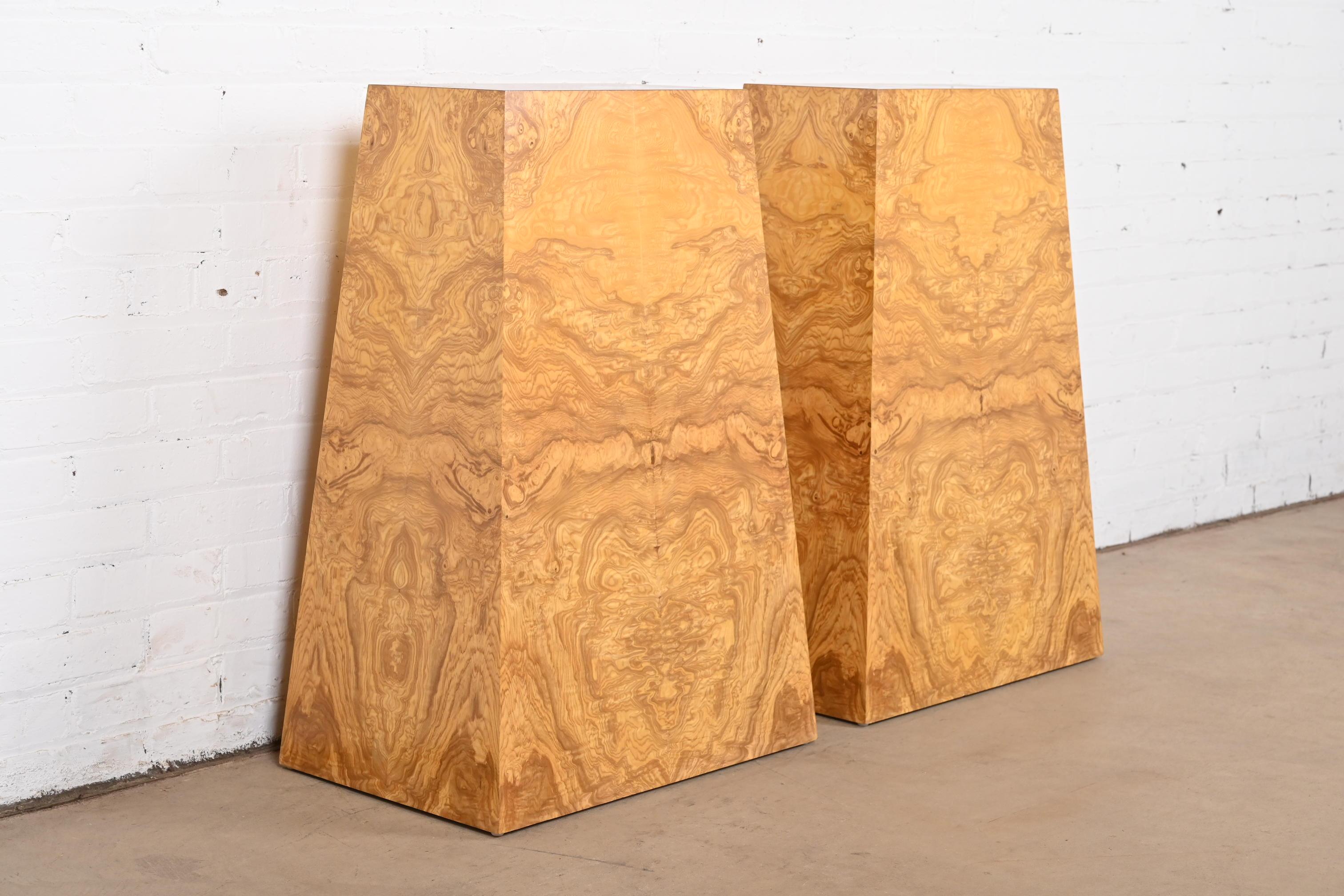Milo Baughman Style Mid-Century Modern Burl Wood Pedestals, Pair For Sale 1