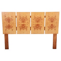 Milo Baughman Style Mid-Century Modern Burl Wood Queen Size Headboard