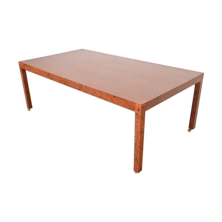 Milo Baughman Style Mid-Century Modern Burlwood Parsons Dining Table, Refinished For Sale