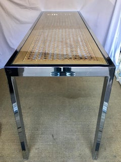 Milo Baughman Style Mid-Century Modern Cane Top Glass and Chrome Console Table