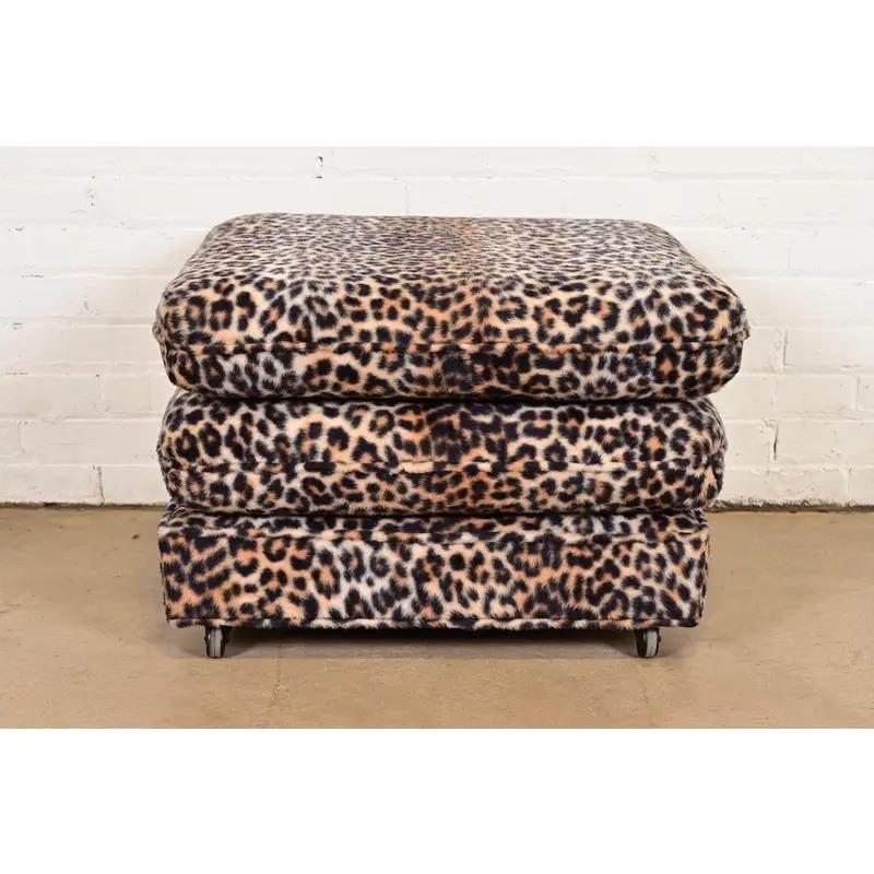 American Milo Baughman Style Mid-Century Modern Leopard Print Ottoman, Circa 1970s For Sale