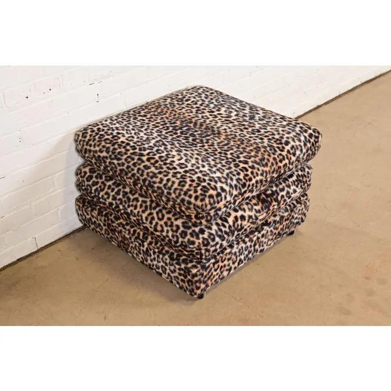 Late 20th Century Milo Baughman Style Mid-Century Modern Leopard Print Ottoman, Circa 1970s For Sale
