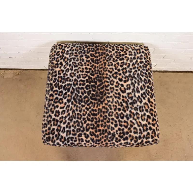 Upholstery Milo Baughman Style Mid-Century Modern Leopard Print Ottoman, Circa 1970s For Sale