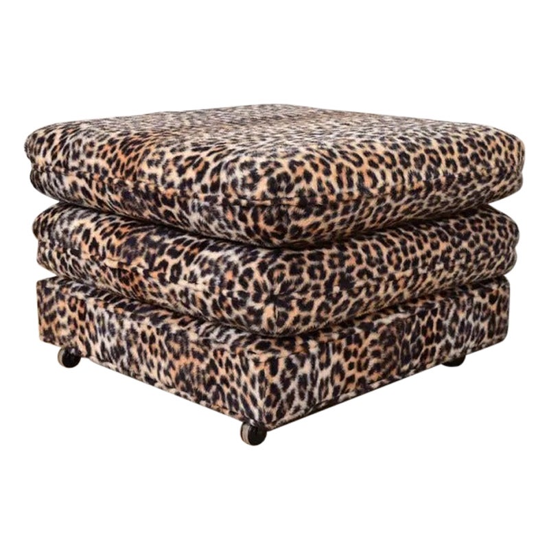 Milo Baughman Style Mid-Century Modern Leopard Print Ottoman, Circa 1970s