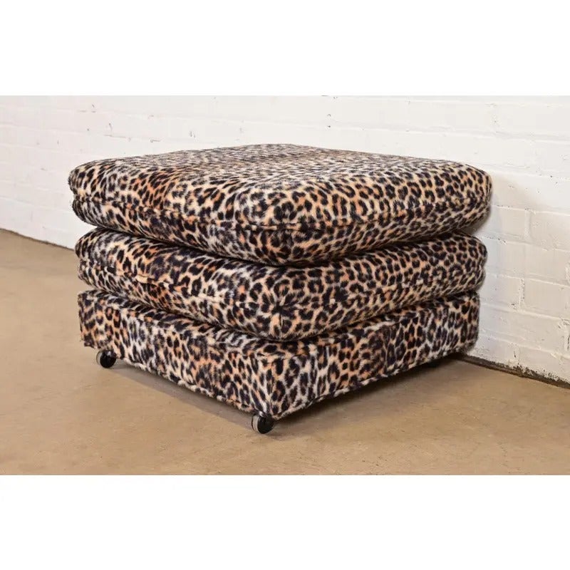 Milo Baughman Style Mid-Century Modern Leopard Print Ottoman, Circa 1970s