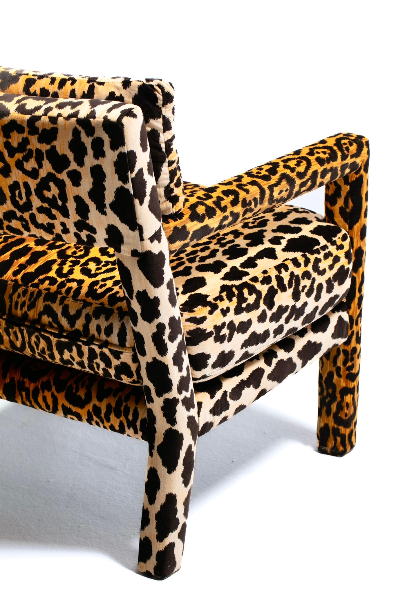 Milo Baughman Style Mid Century Modern Parsons Chair in Leopard Velvet c. 1970 6