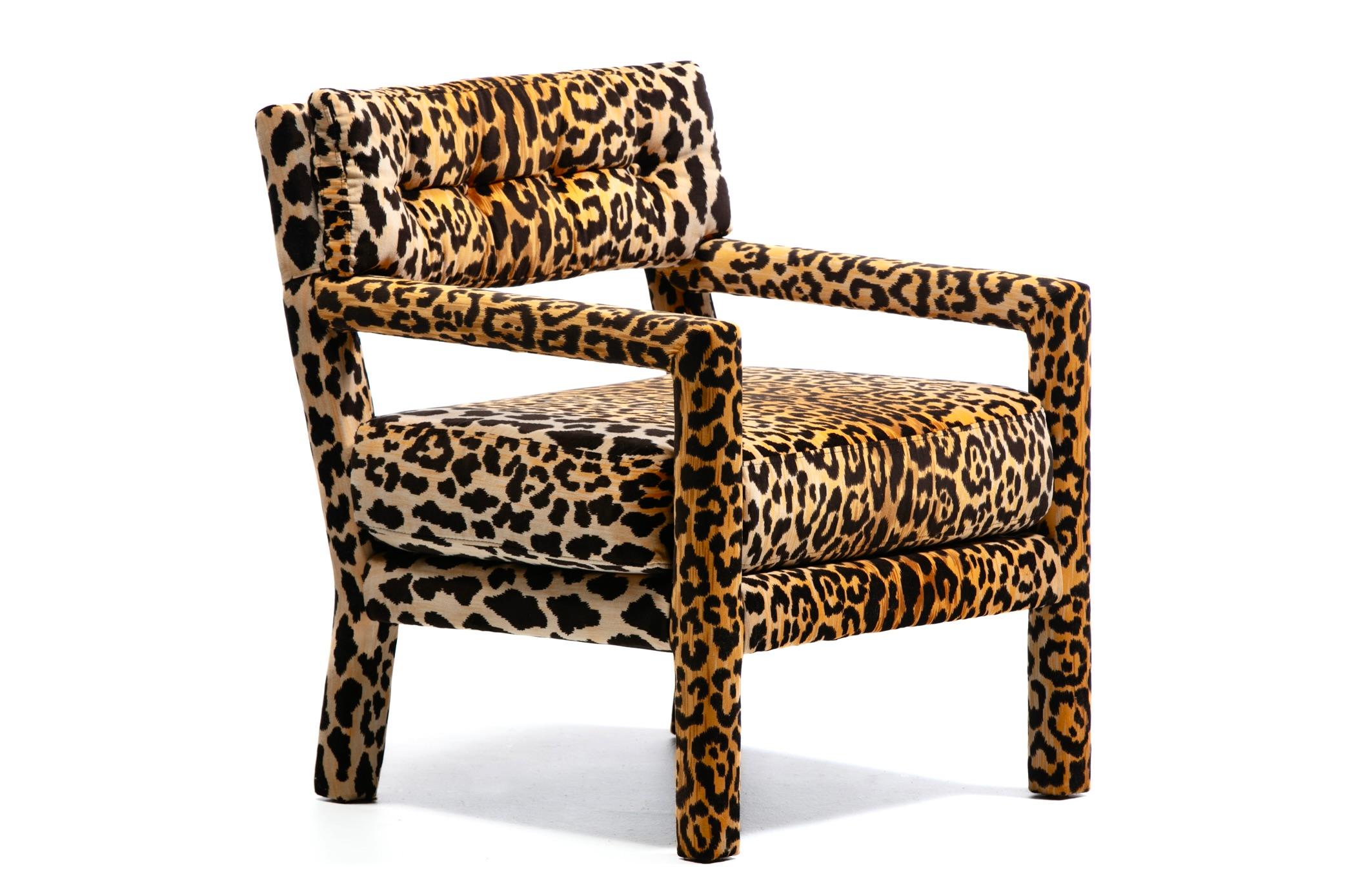 Milo Baughman Style Mid Century Modern Parsons Chair in Leopard Velvet c. 1970 13