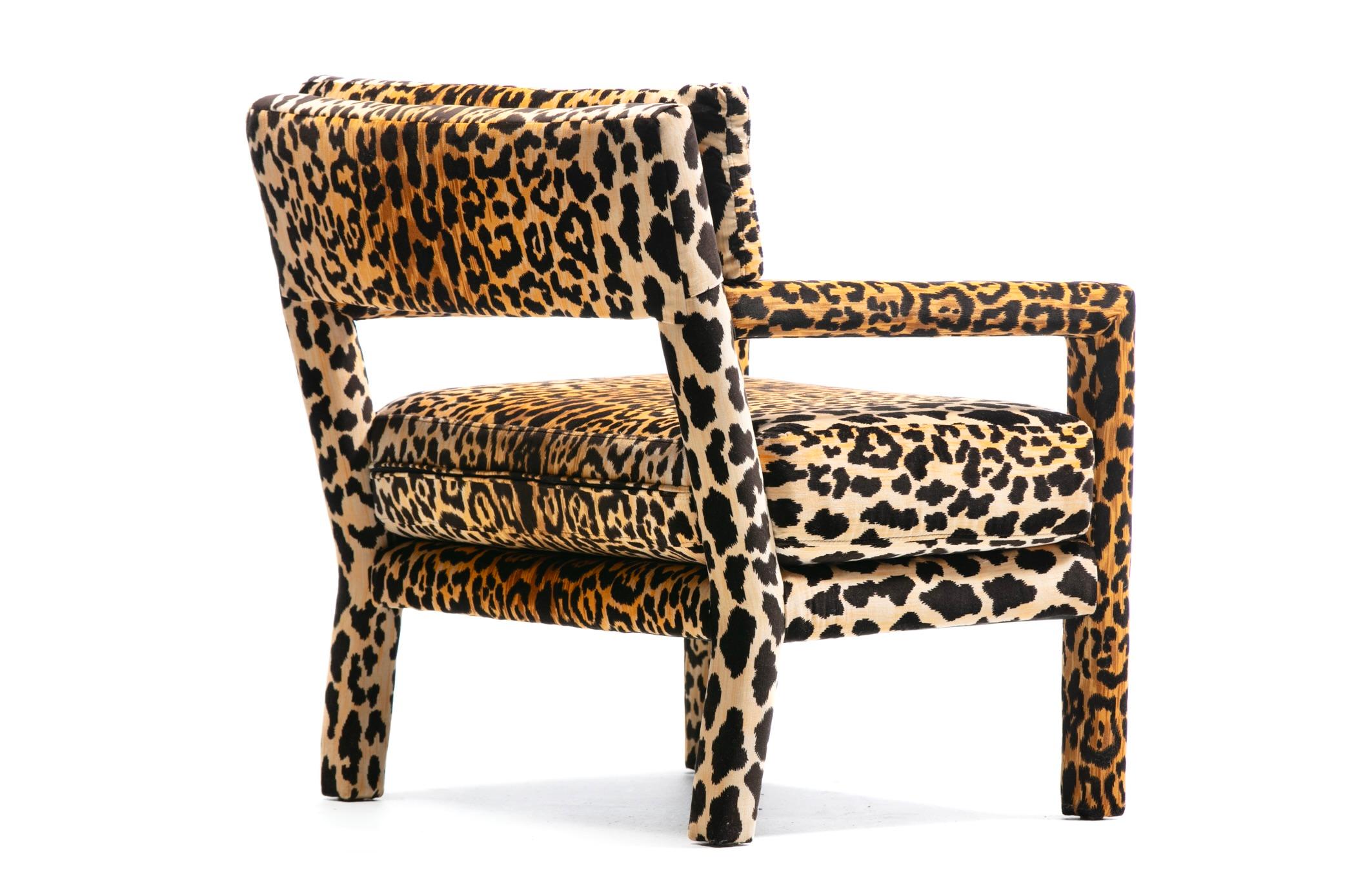 Mid-Century Modern Milo Baughman Style Mid Century Modern Parsons Chair in Leopard Velvet c. 1970