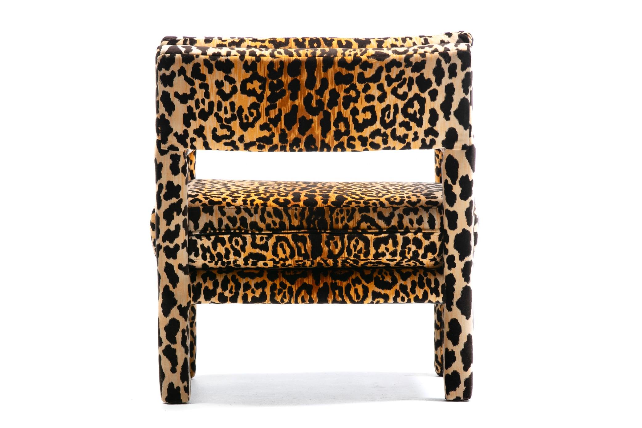 American Milo Baughman Style Mid Century Modern Parsons Chair in Leopard Velvet c. 1970