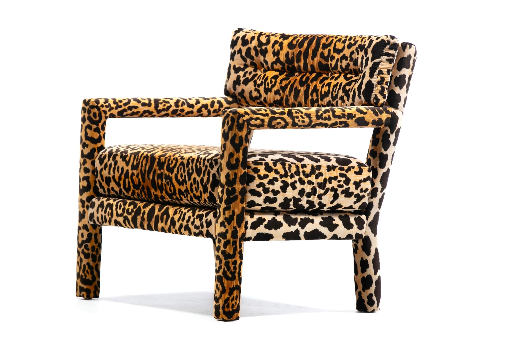 Upholstery Milo Baughman Style Mid Century Modern Parsons Chair in Leopard Velvet c. 1970
