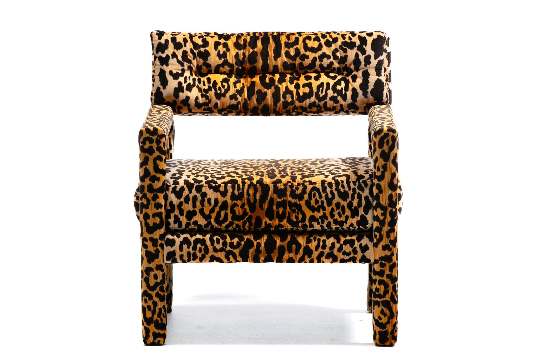Milo Baughman Style Mid Century Modern Parsons Chair in Leopard Velvet c. 1970 1