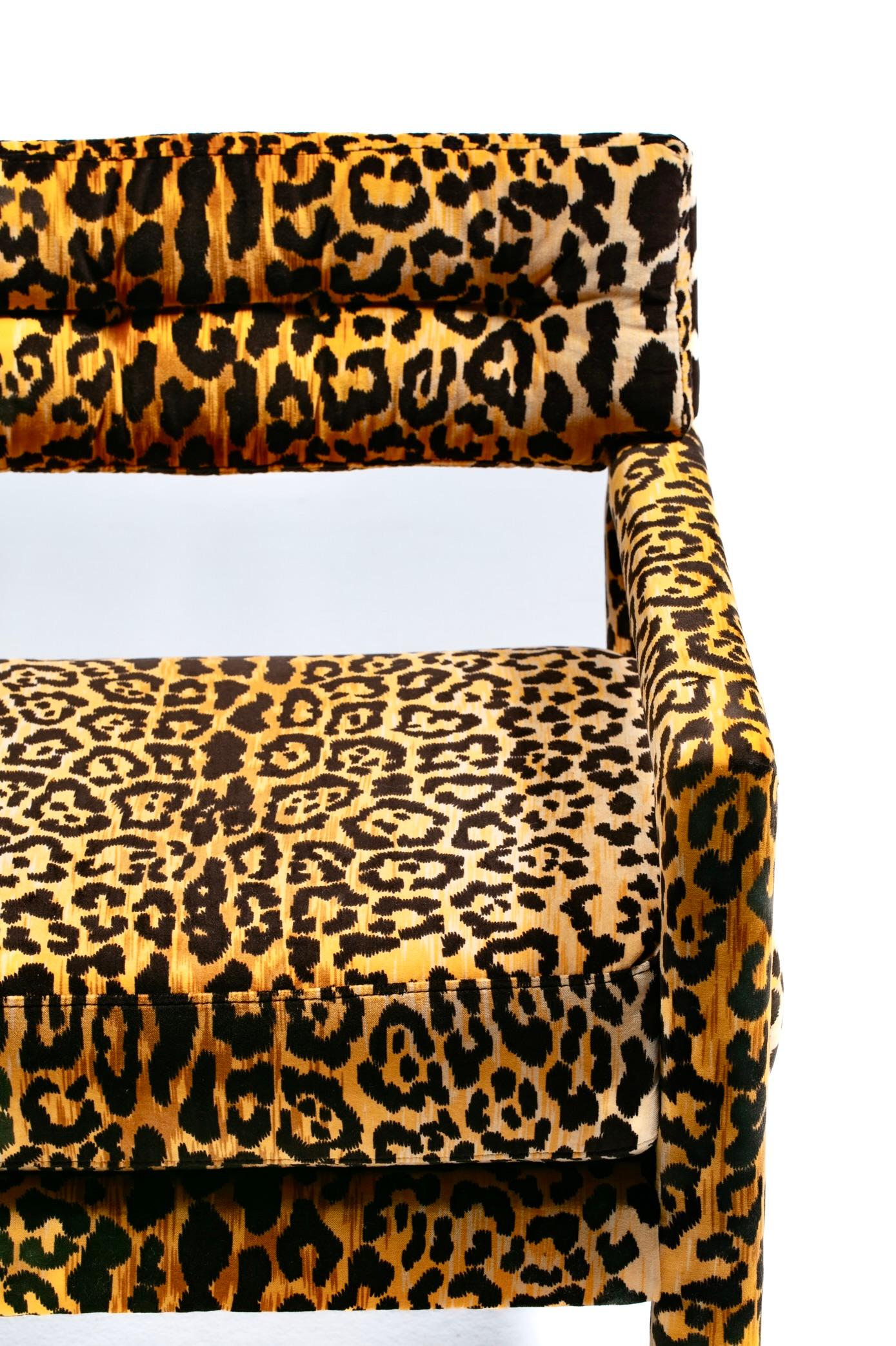 Milo Baughman Style Mid Century Modern Parsons Chair in Leopard Velvet c. 1970 2