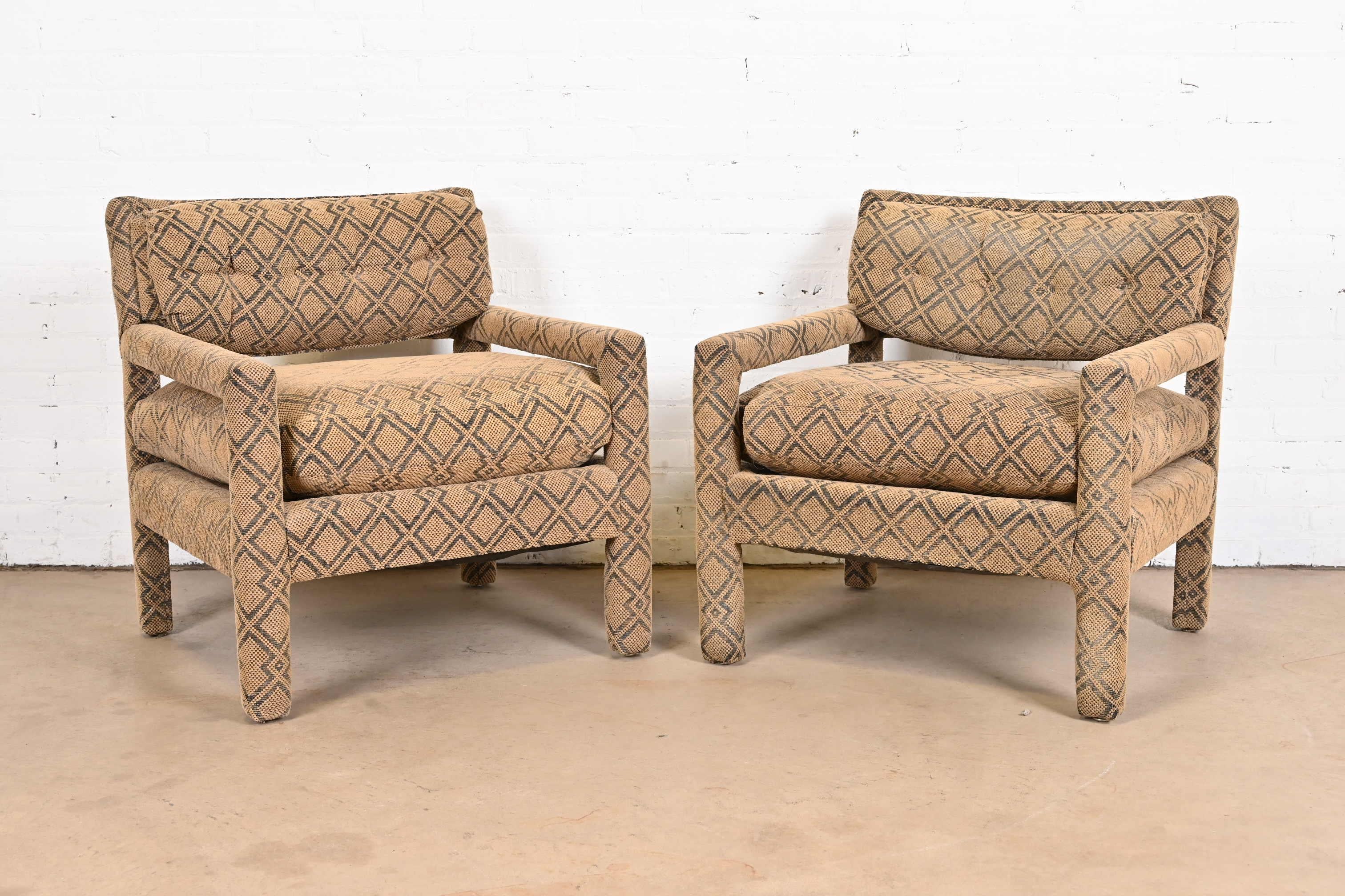 American Milo Baughman Style Mid-Century Modern Upholstered Parsons Club Chairs, Pair