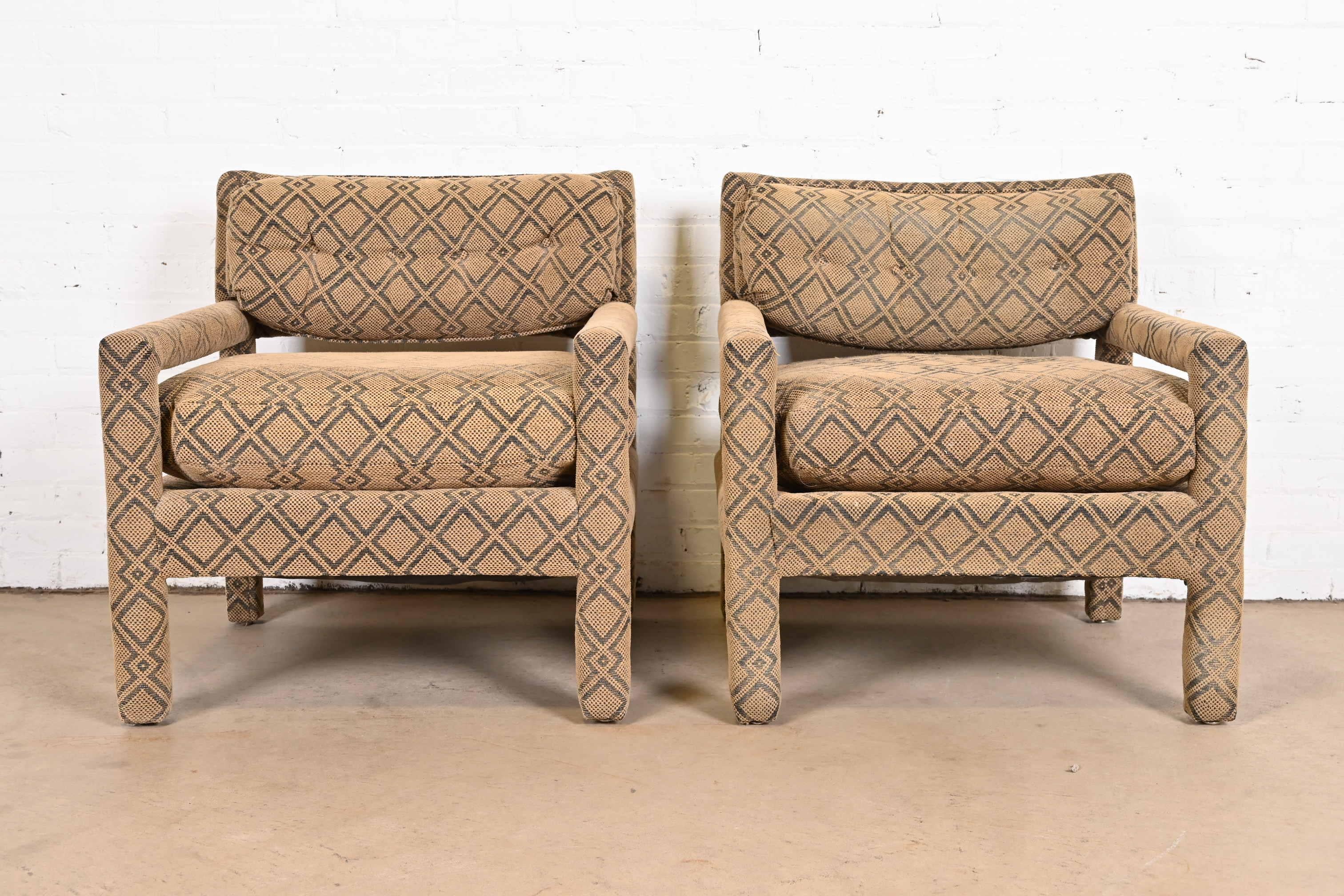 Late 20th Century Milo Baughman Style Mid-Century Modern Upholstered Parsons Club Chairs, Pair