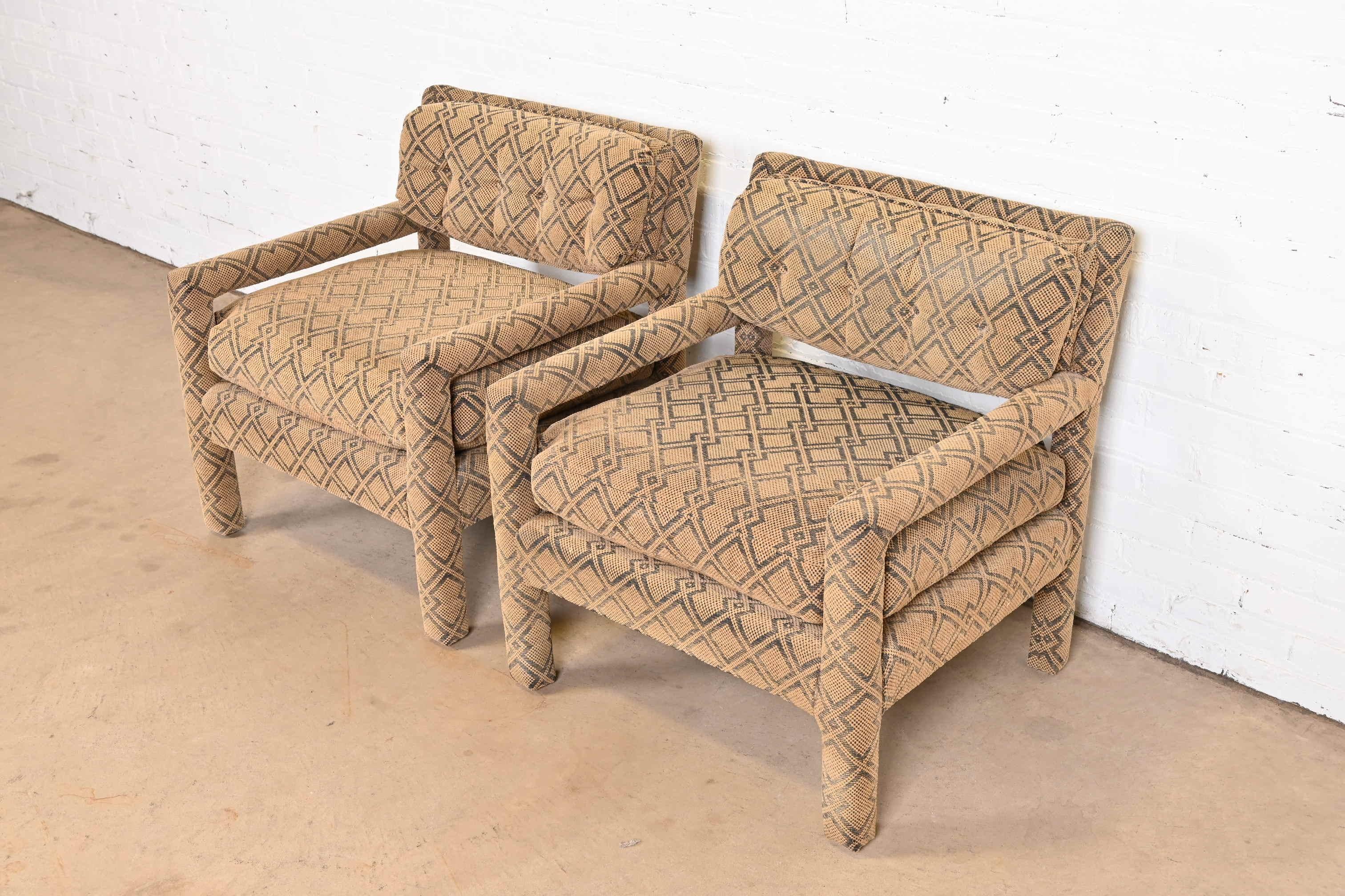 Upholstery Milo Baughman Style Mid-Century Modern Upholstered Parsons Club Chairs, Pair