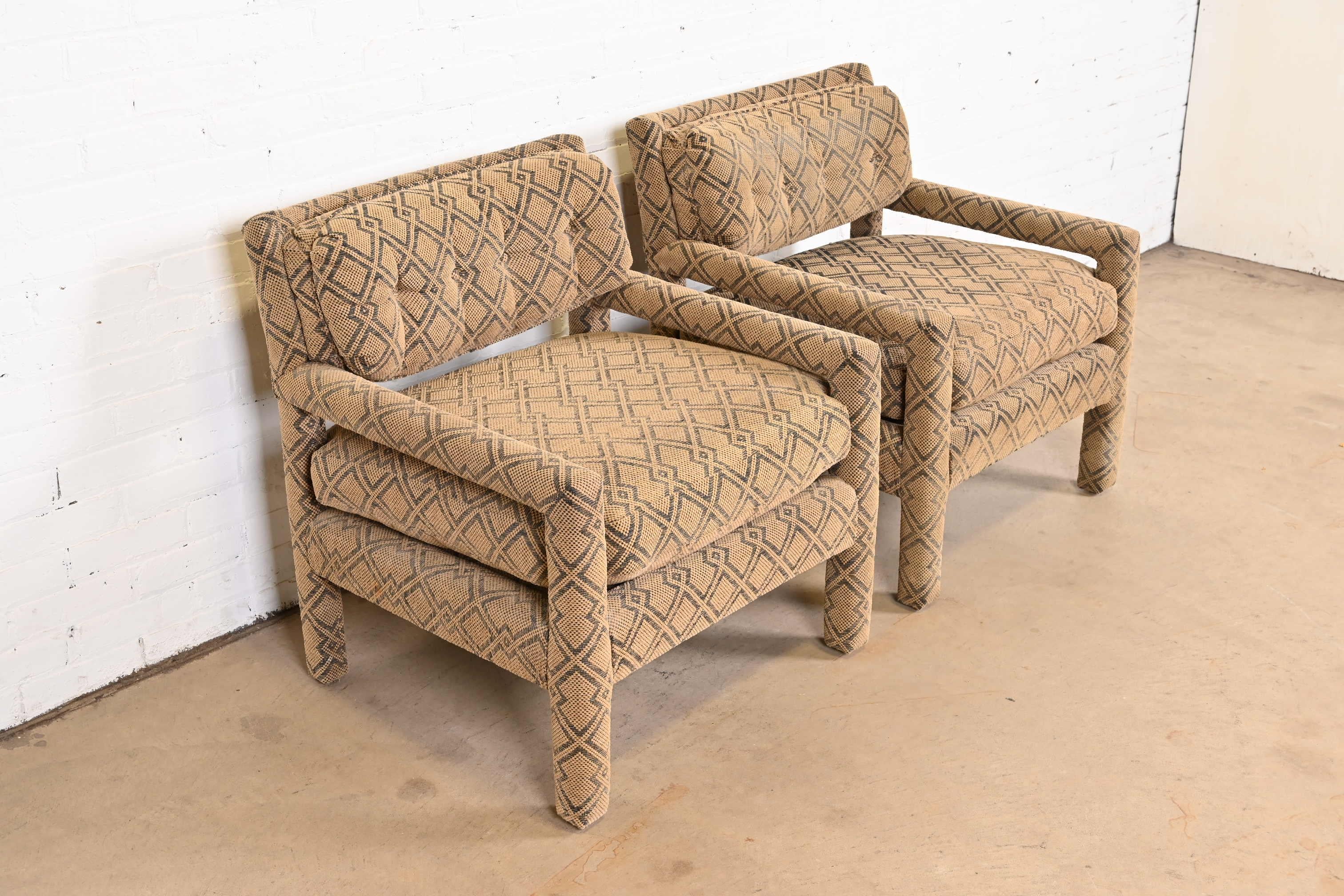 Milo Baughman Style Mid-Century Modern Upholstered Parsons Club Chairs, Pair 2