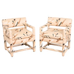 Milo Baughman Style Mid-Century Modern Upholstered Parsons Club Chairs, Pair
