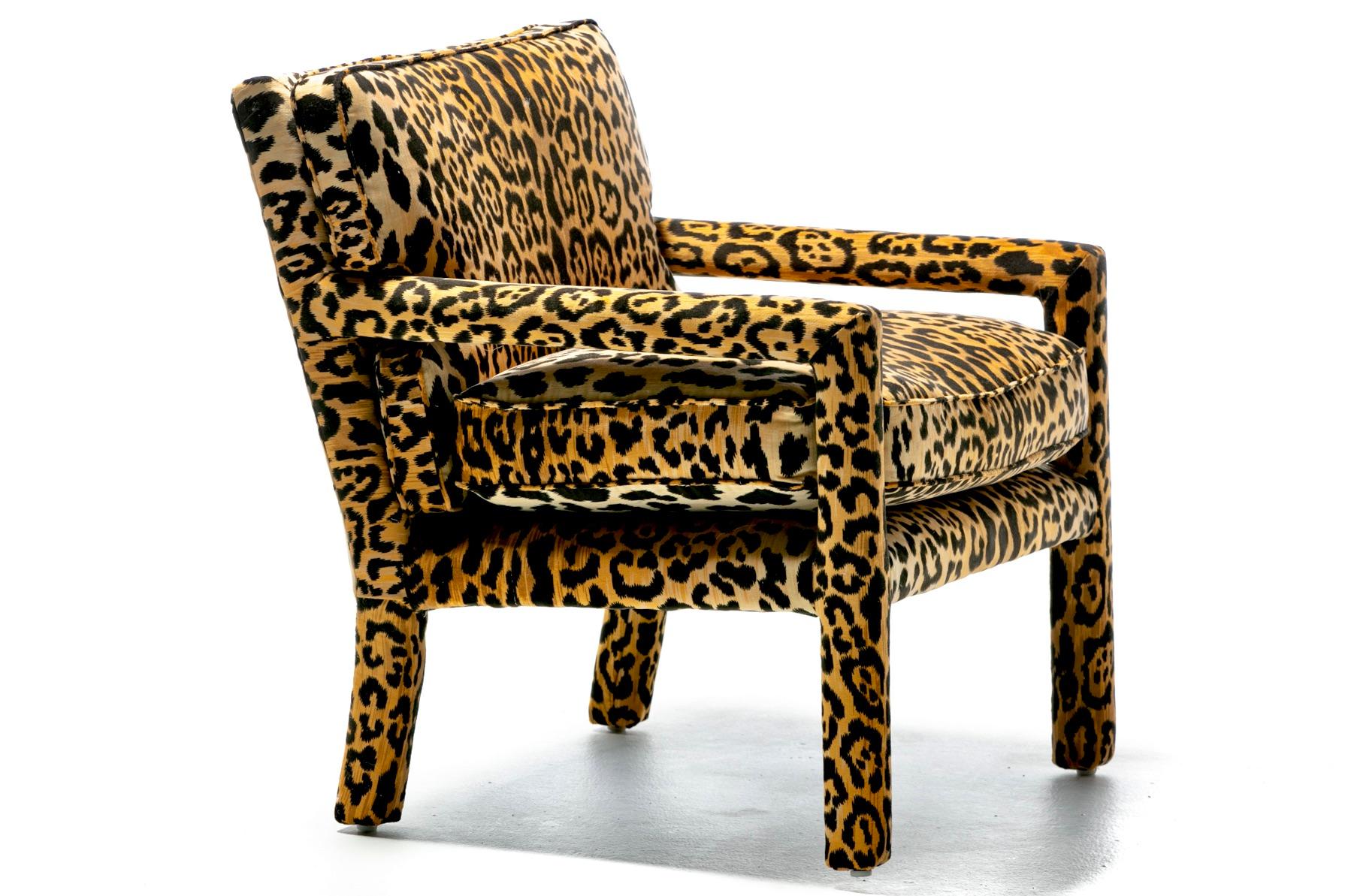  Milo Baughman Style Mid Century Parsons Chair in Leopard Velvet c. 1970 For Sale 1