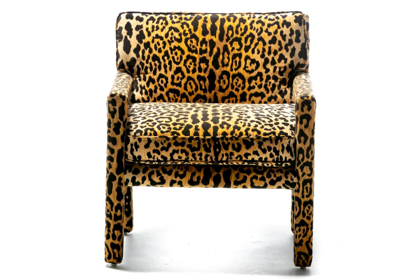  Milo Baughman Style Mid Century Parsons Chair in Leopard Velvet c. 1970 For Sale 3
