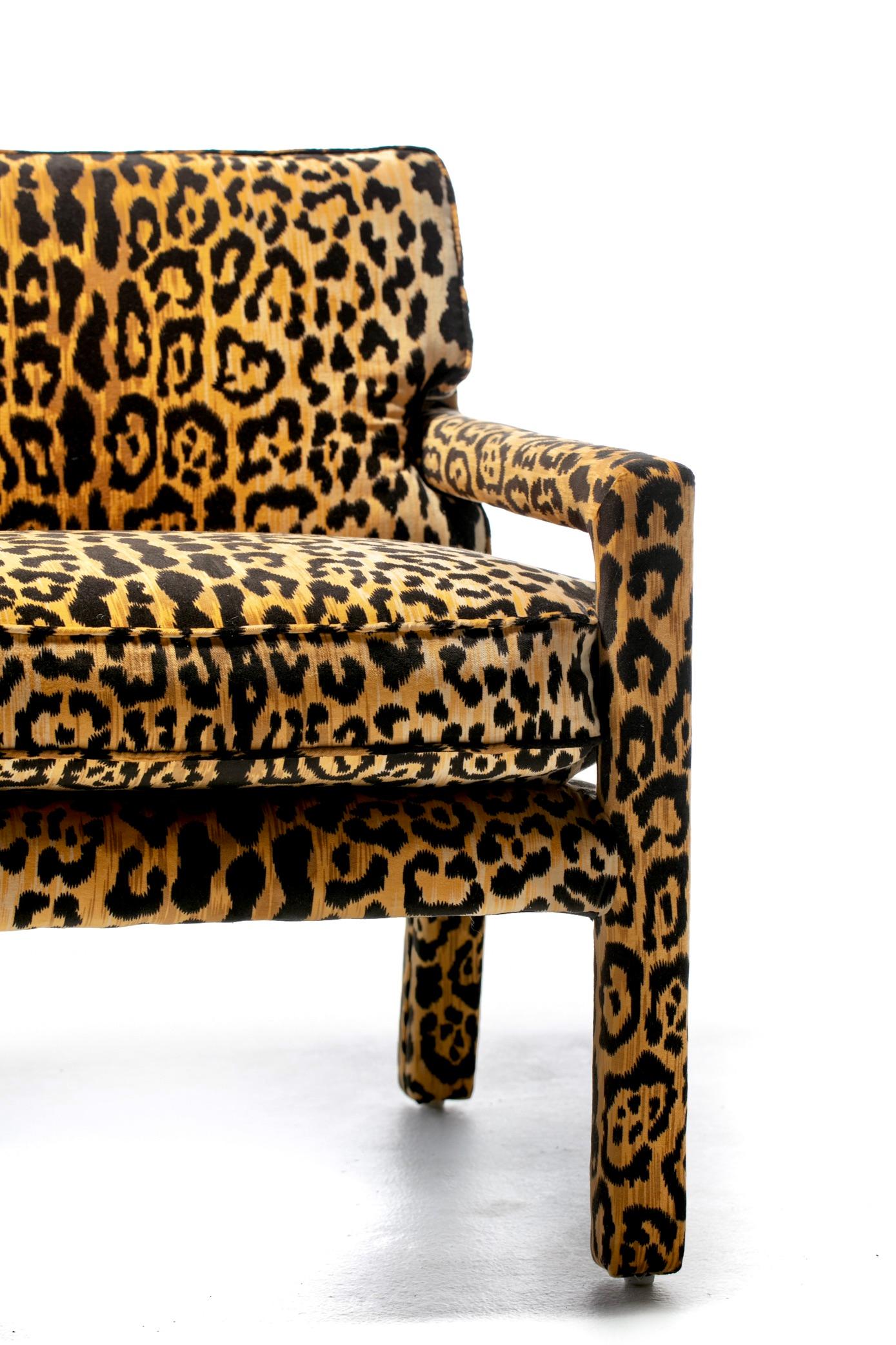  Milo Baughman Style Mid Century Parsons Chair in Leopard Velvet c. 1970 For Sale 3