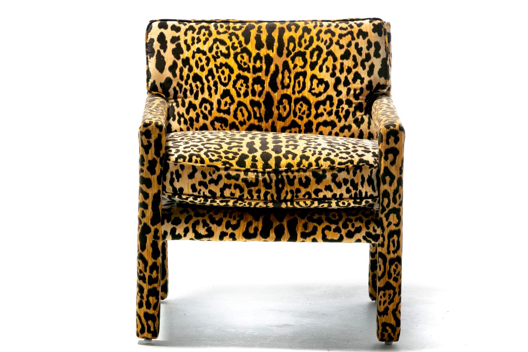Timeless Milo Baughman Parsons style chair freshly reupholstered with forever sexy and stylish leopard velvet. Parsons chairs are unique in that every surface is upholstered - every inch of this arm chair is padded and covered in spots. The chair