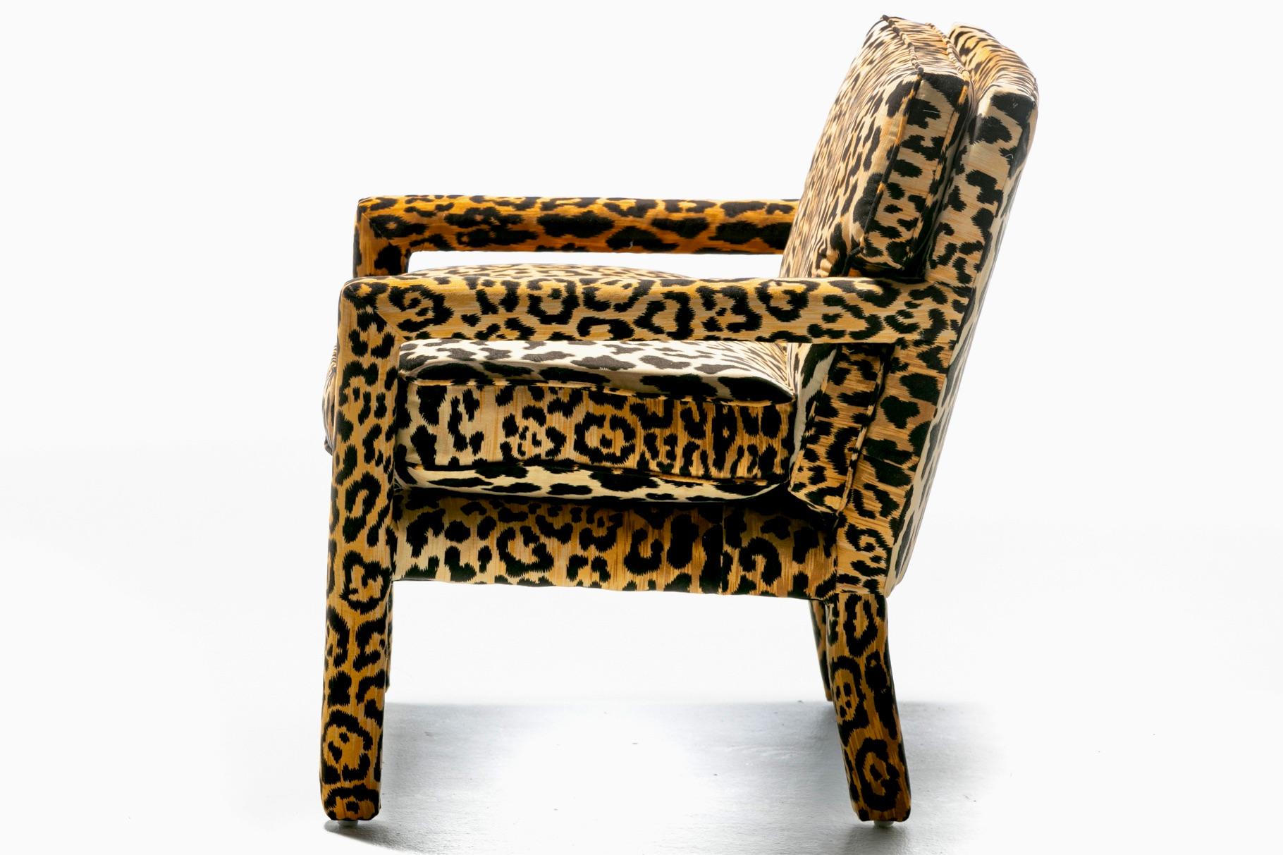 Mid-Century Modern  Milo Baughman Style Mid Century Parsons Chair in Leopard Velvet c. 1970 For Sale