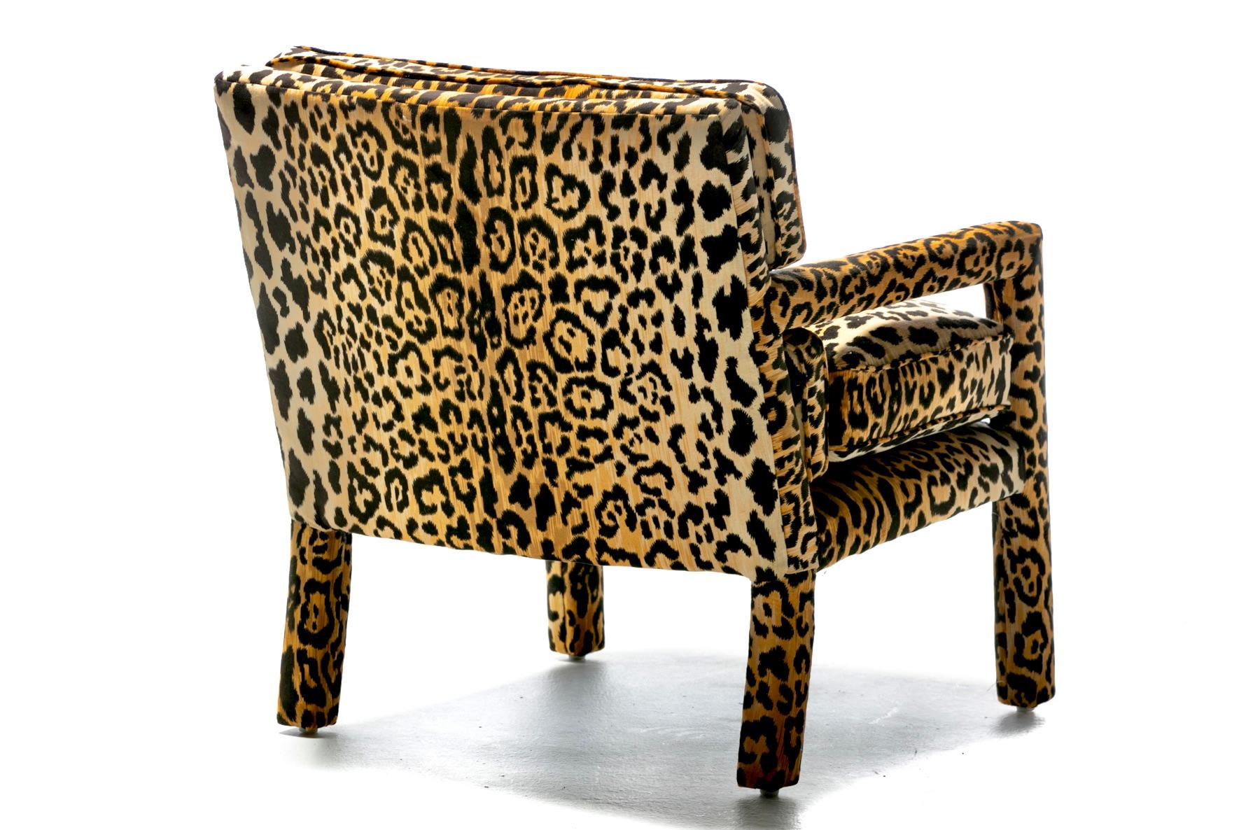 Late 20th Century  Milo Baughman Style Mid Century Parsons Chair in Leopard Velvet c. 1970 For Sale