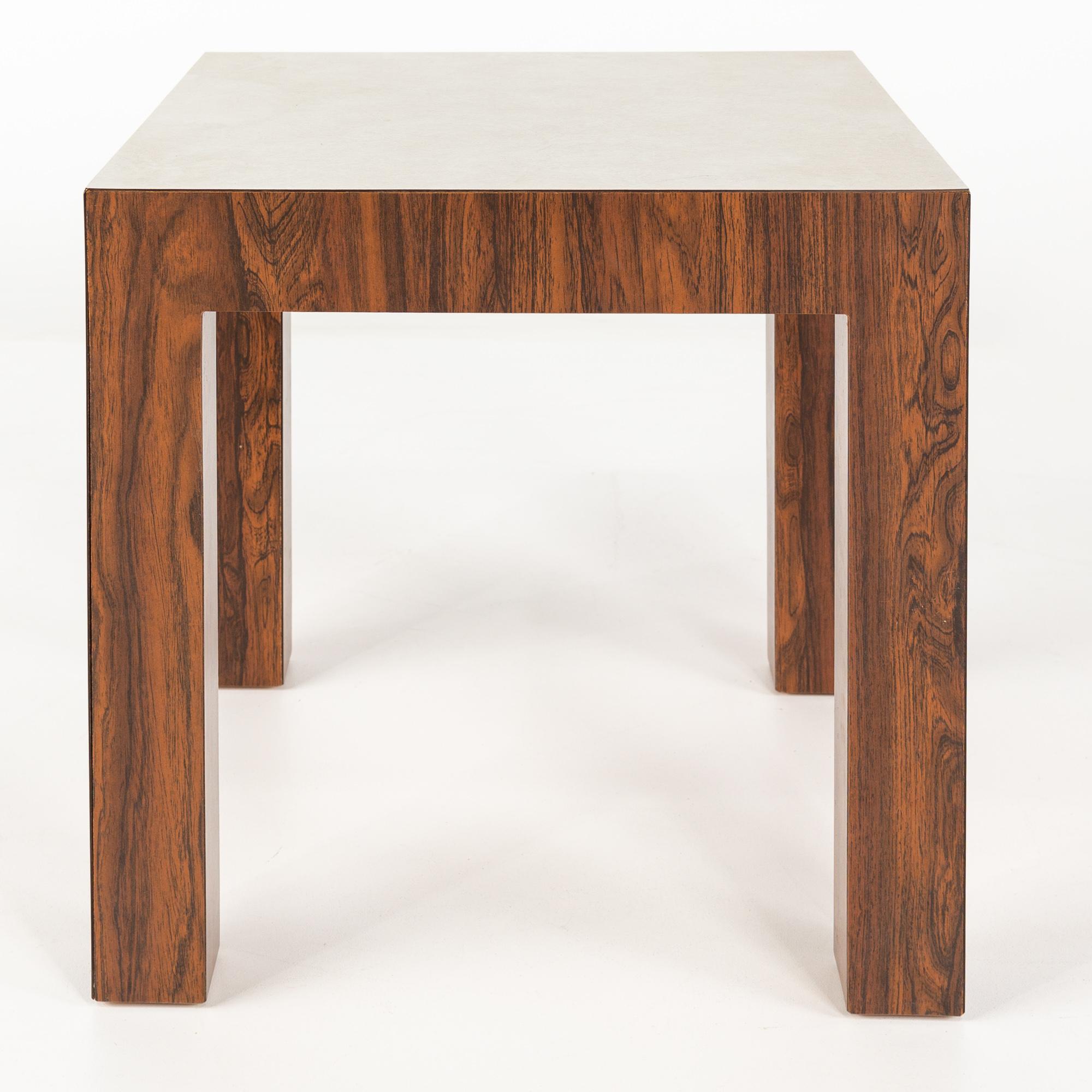 Milo Baughman style mid century rosewood and white laminate side table

This table measures: 20 wide x 20 deep x 19 inches high

All pieces of furniture can be had in what we call restored vintage condition. That means the piece is restored upon