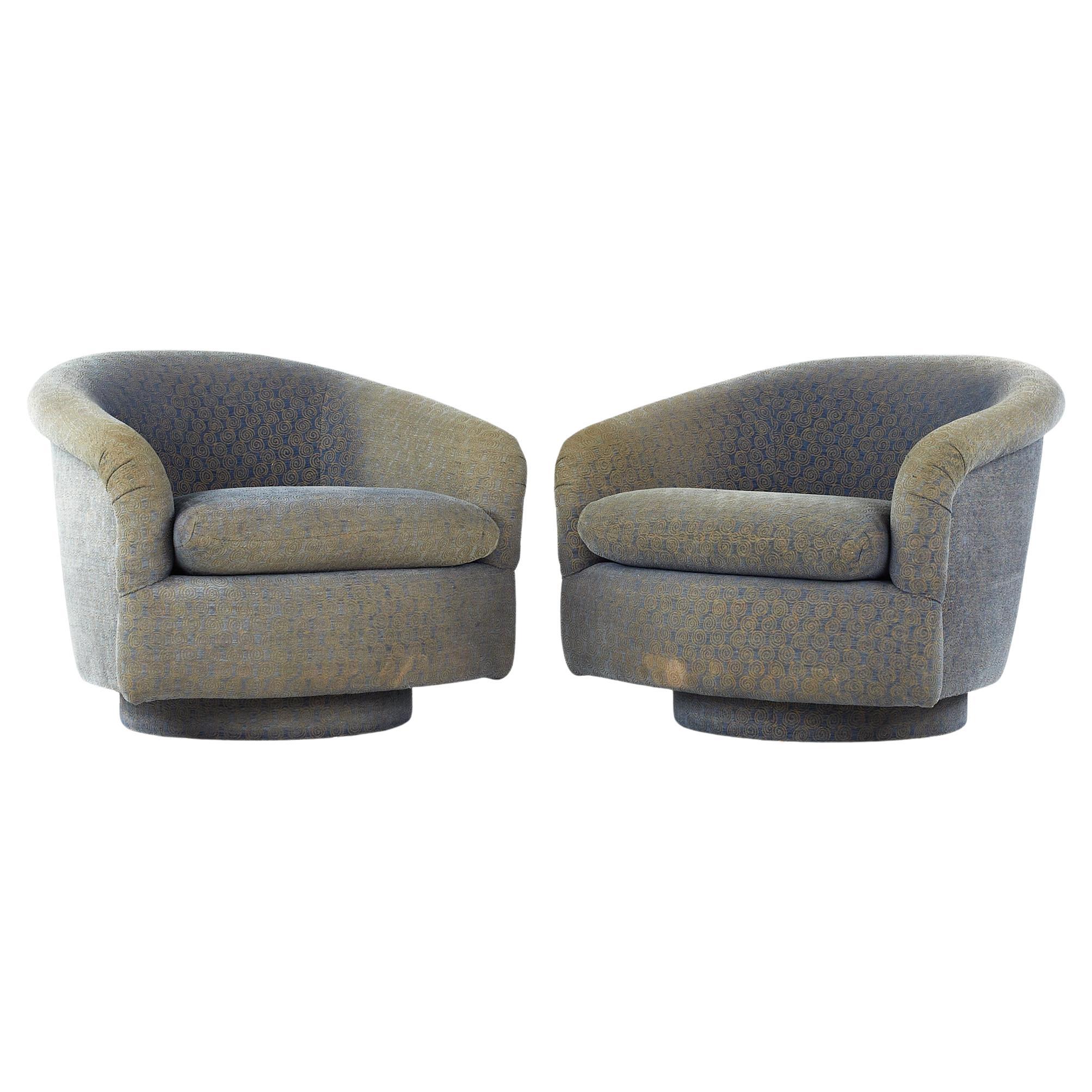 Milo Baughman Style Mid Century Swivel Barrel Lounge Chairs, Pair