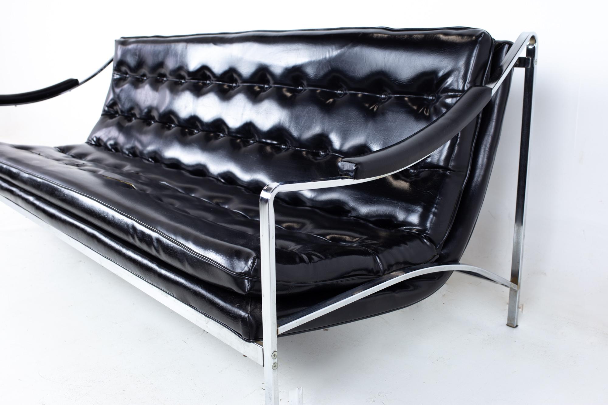 Milo Baughman Style Mid Century Tufted Chrome Sofa 1